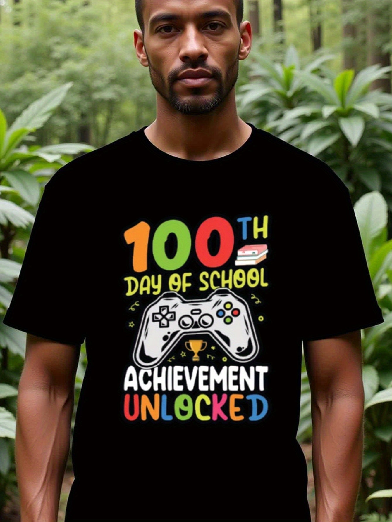 natee local warehouse clearance 100th Day of School: Achievement Unlocked Gamer T-shirt, man's T-Shirt,100% Cotton Fabric,Crew Neck,Short Sleeve,Regular Fit,All-Season Casual Wear,180gsm-Ideal for All Saints' Day Thanksgiving Day, 男t