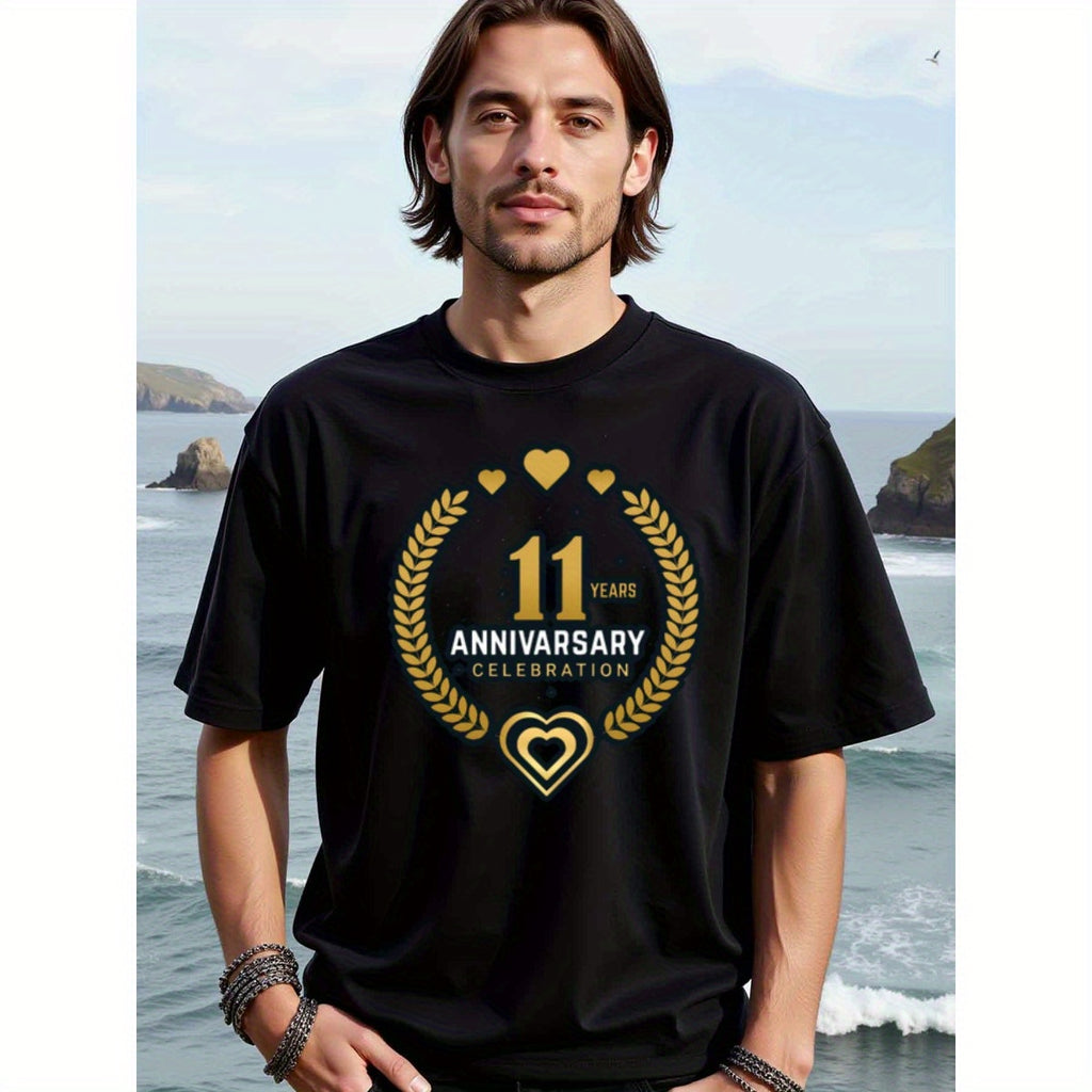 natee local warehouse clearance 11th Anniversary Celebration T-shirt - Black & Gold Hearts Design, man's T-Shirt,100% Cotton Fabric,Crew Neck,Short Sleeve,Regular Fit,All-Season Casual Wear,180gsm-Ideal for All Saints' Day Thanksgiving Day, 男t