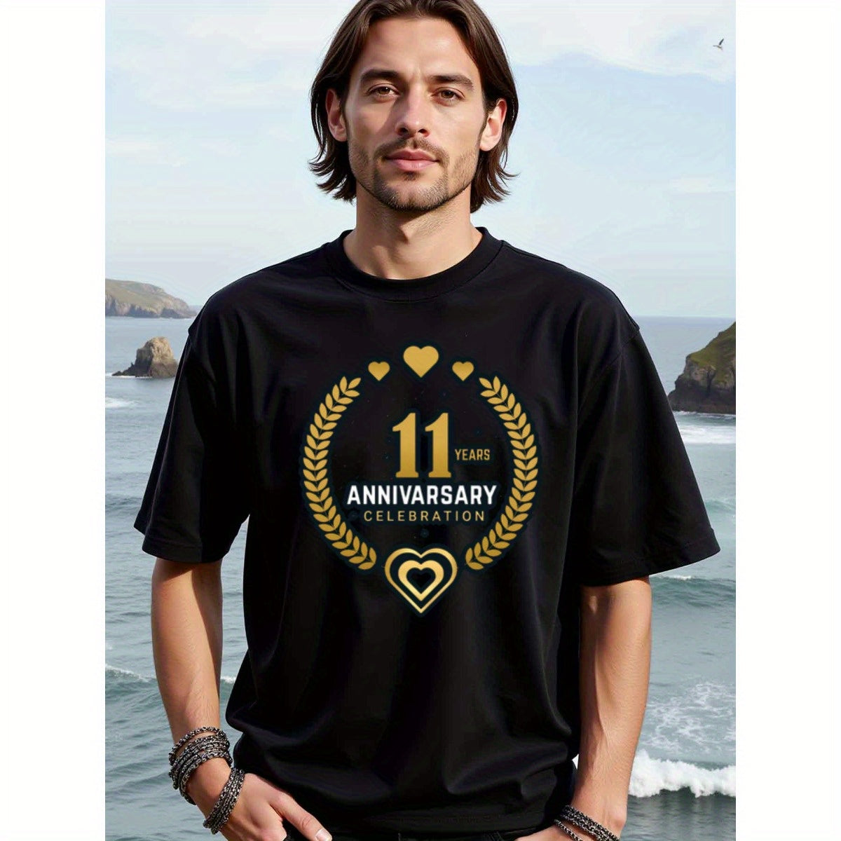 natee local warehouse clearance 11th Anniversary Celebration T-shirt - Black & Gold Hearts Design, man's T-Shirt,100% Cotton Fabric,Crew Neck,Short Sleeve,Regular Fit,All-Season Casual Wear,180gsm-Ideal for All Saints' Day Thanksgiving Day, 男t
