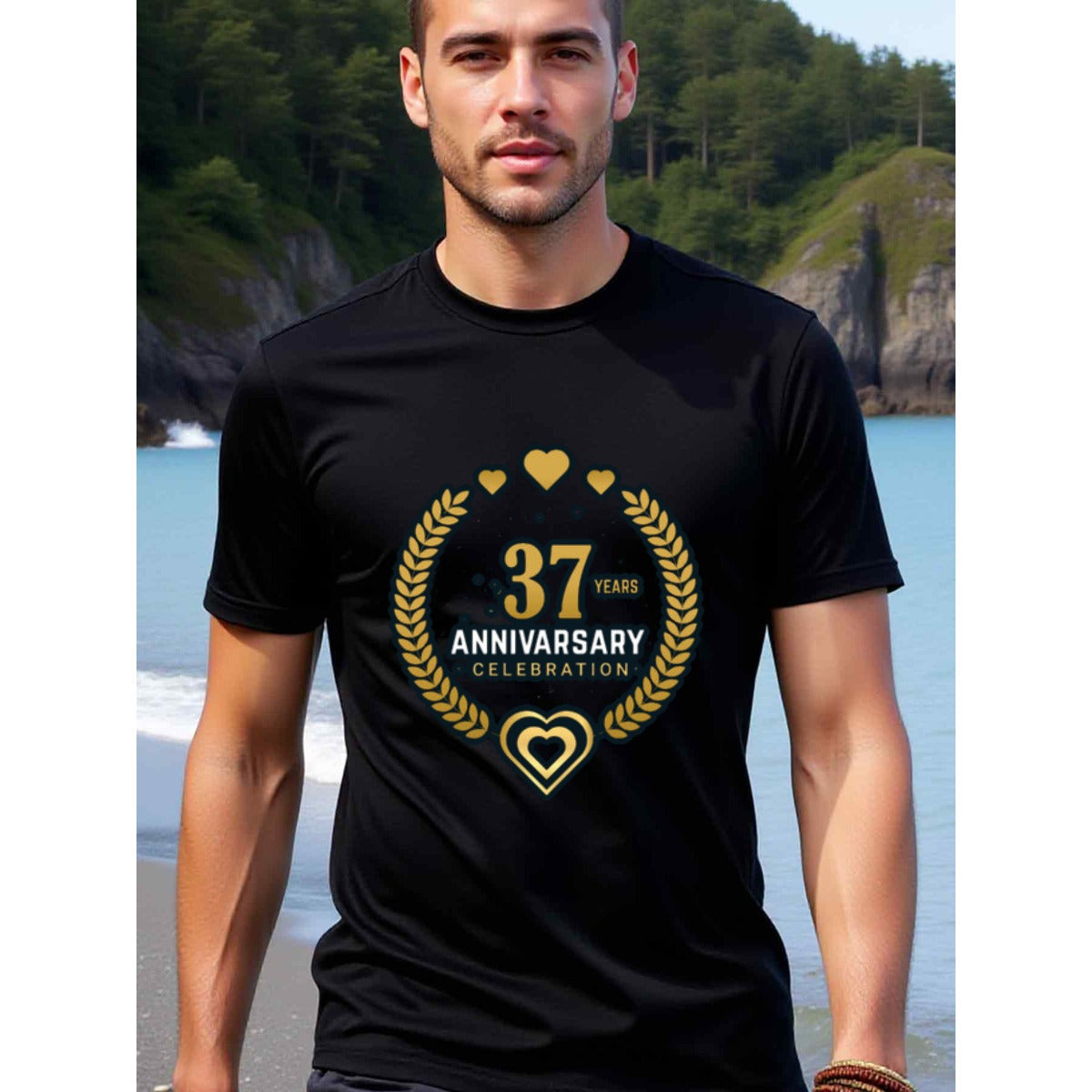 natee local warehouse clearance 37th Anniversary Celebration T-shirt - Gold Hearts & Laurels Design, 男t, 男t