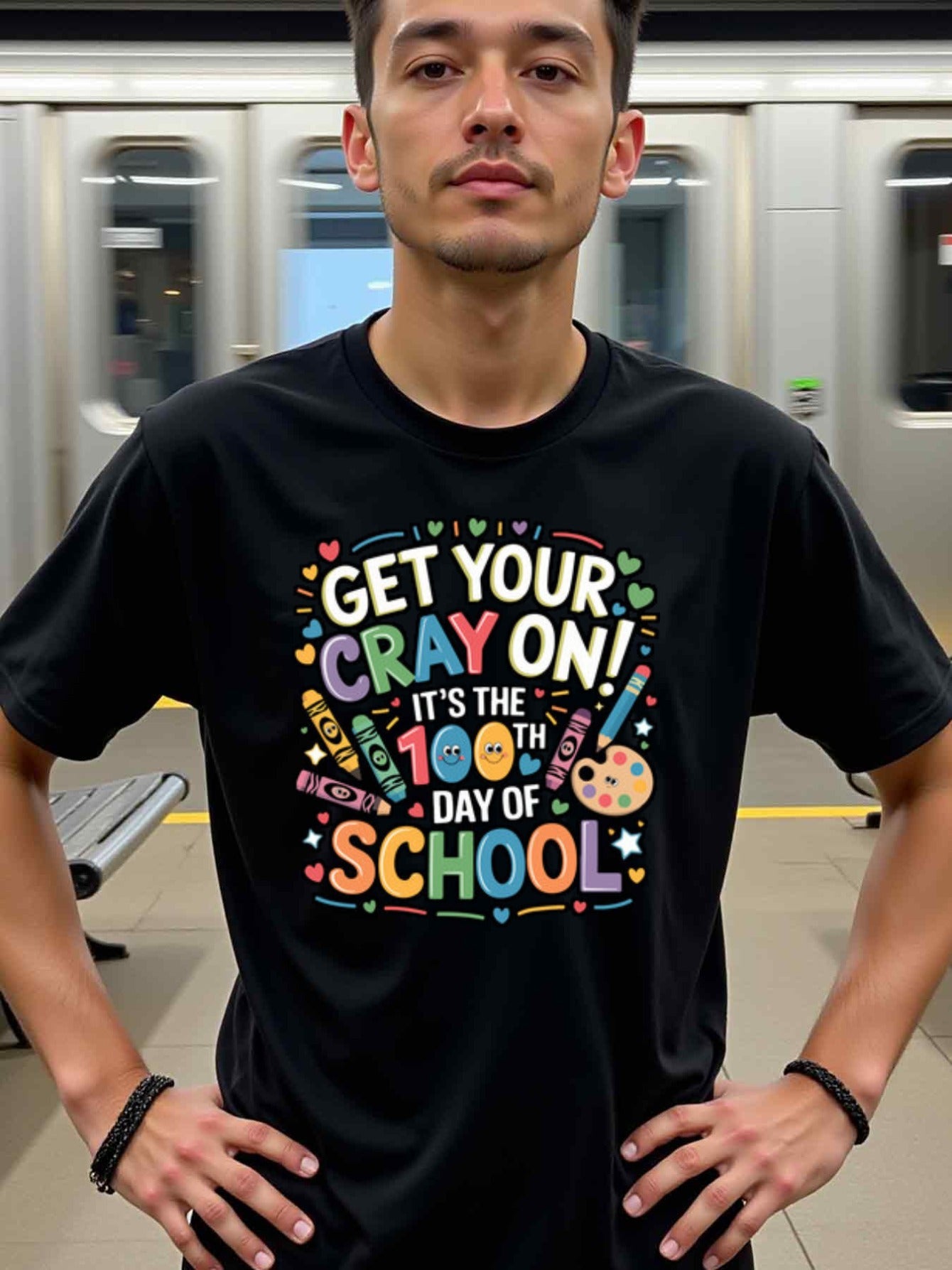 natee local warehouse clearance 100th Day of School Celebration Crayon T-shirt, 100% Cotton Fabric,Crew Neck,Short Sleeve,Regular Fit,All-season casual wear for man and teens-perfect for running, hiking, the beach, and parties Christian festival Thanksgiv