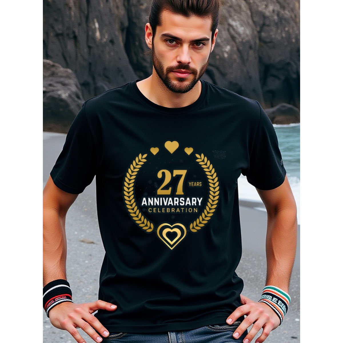 natee local warehouse clearance 27th Anniversary Celebration T-shirt - Black & Gold Design, man's T-Shirt,100% Cotton Fabric,Crew Neck,Short Sleeve,Regular Fit,All-Season Casual Wear,180gsm-Ideal for Valentines Christian festival Thanksgiving Day, 男t