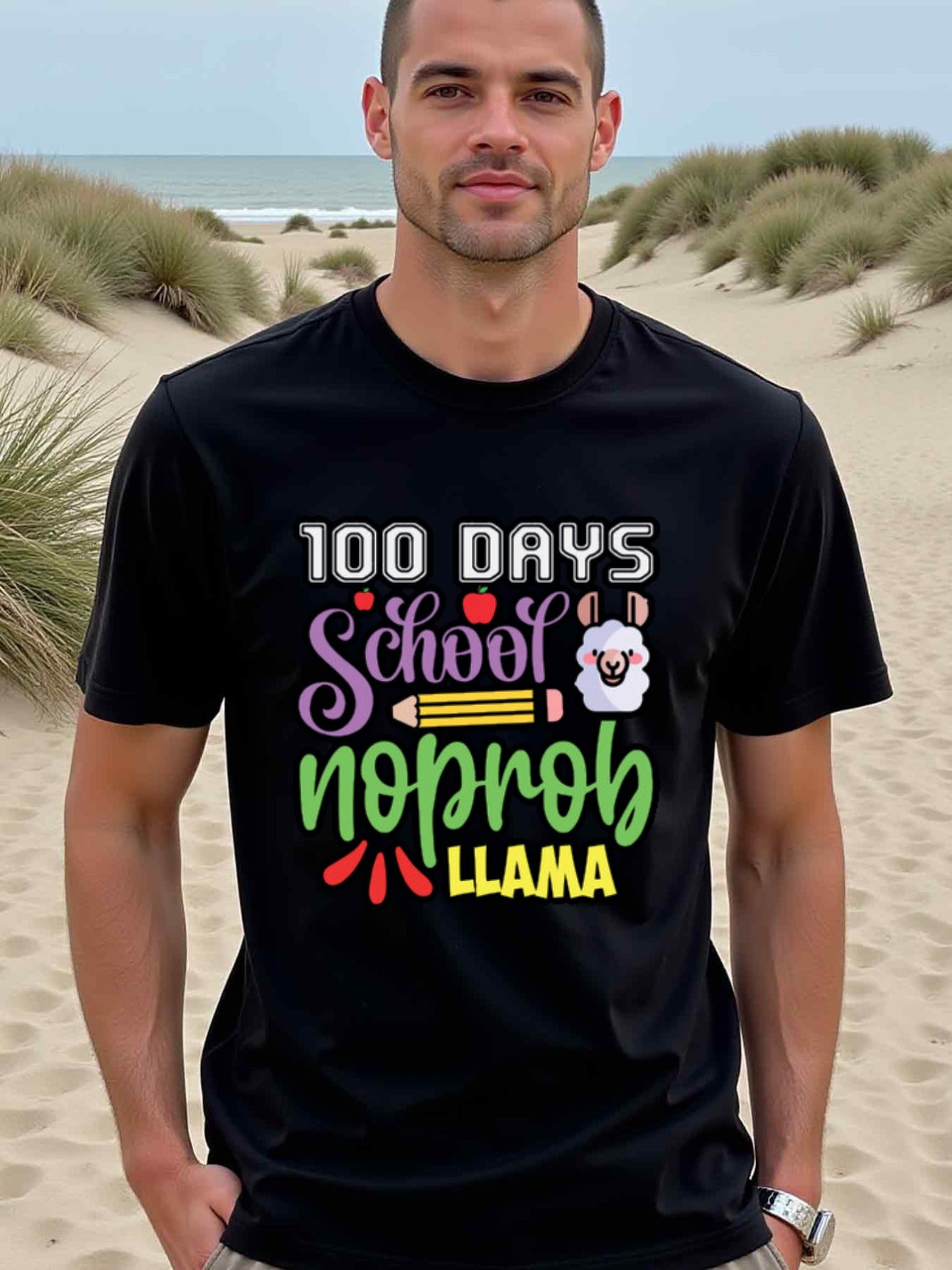 natee local warehouse clearance 100 Days School No Prob Llama Funny Teacher T-shirt, man's T-Shirt,100% Cotton Fabric,Crew Neck,Short Sleeve,Regular Fit,All-Season Casual Wear,180gsm-Ideal for Valentines Christian festival Thanksgiving Day, 男t