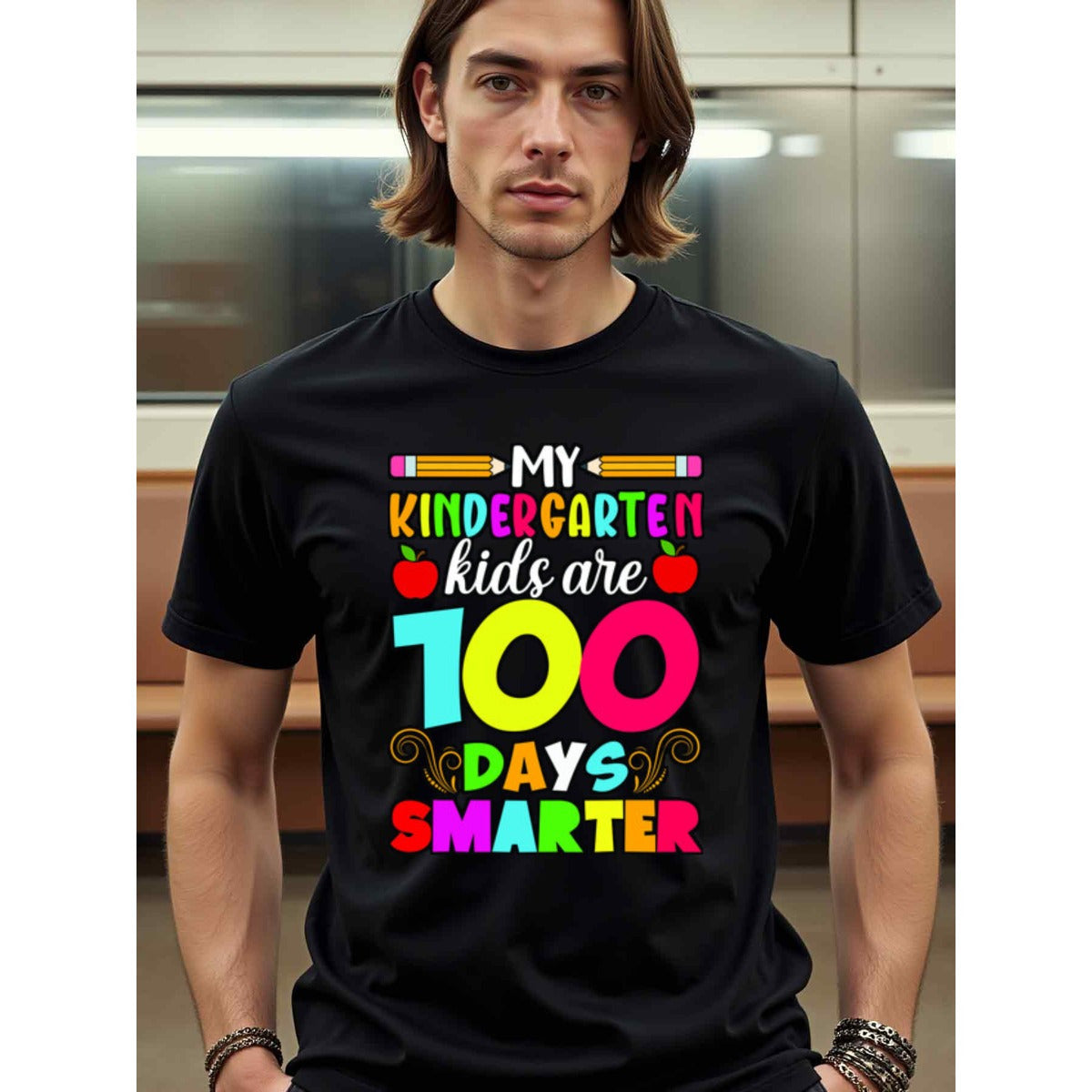 natee local warehouse clearance 100 Days Smarter: Celebrate Kindergarten Milestone with Style!, man's T-Shirt,100% Cotton Fabric,Crew Neck,Short Sleeve,Regular Fit,All-Season Casual Wear,180gsm-Ideal For Summer Holiday Gift, 男t