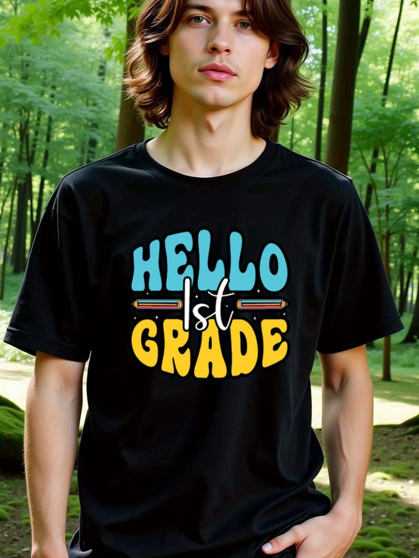 natee local warehouse clearance Back-to-school Hello 1st Grade Graphic Tee, 100% Cotton Fabric,Crew Neck,Regular Fit,Weekend Casual Wear,180gsm Family Friends Christian festival Thanksgiving Day, 男t