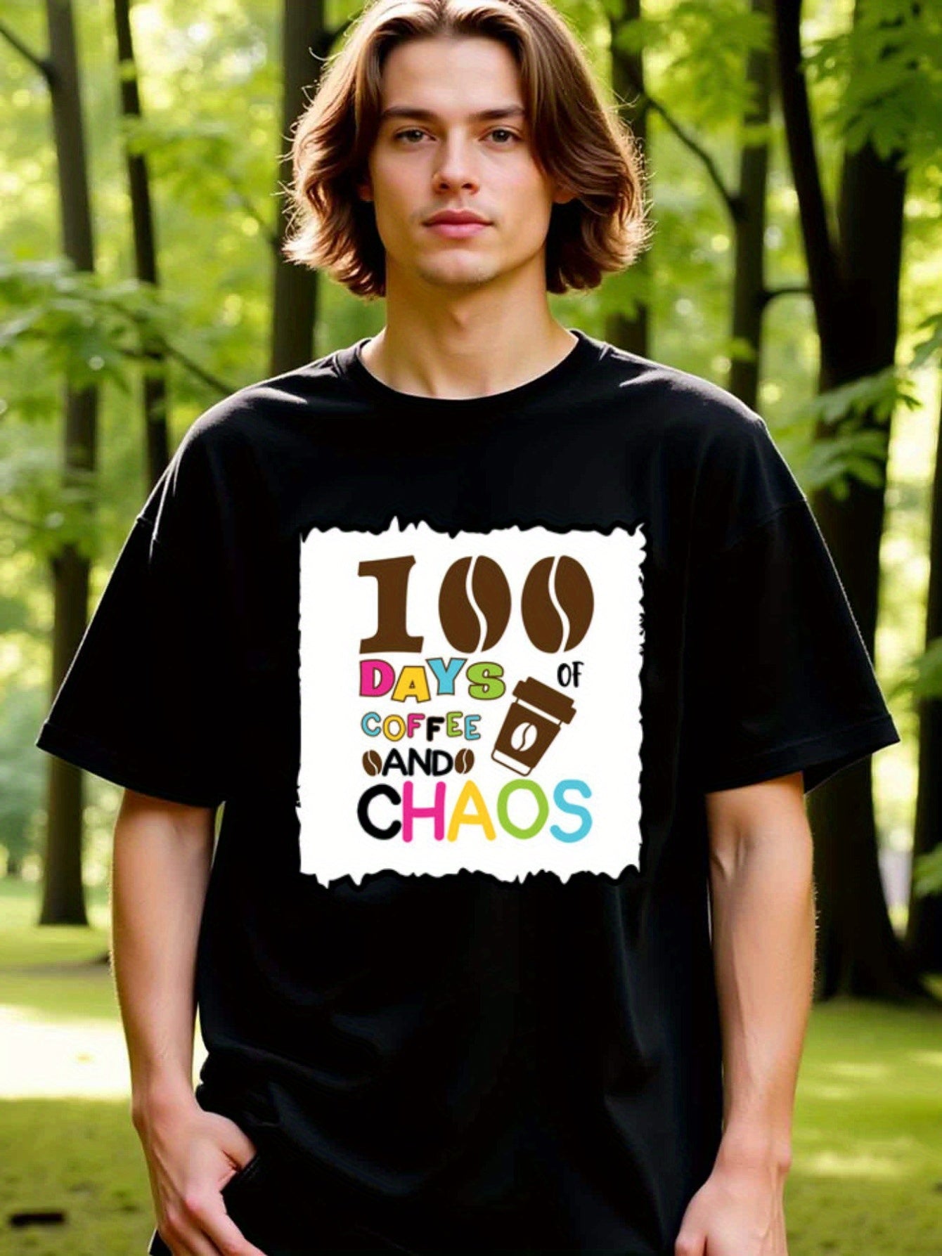 natee local warehouse clearance 100 Days of Coffee and Chaos - Funny Novelty T-shirt, 100% Cotton Fabric,Crew Neck,Regular Fit,Weekend Casual Wear,180gsm Family Friends Christian festival Thanksgiving Day, 男t