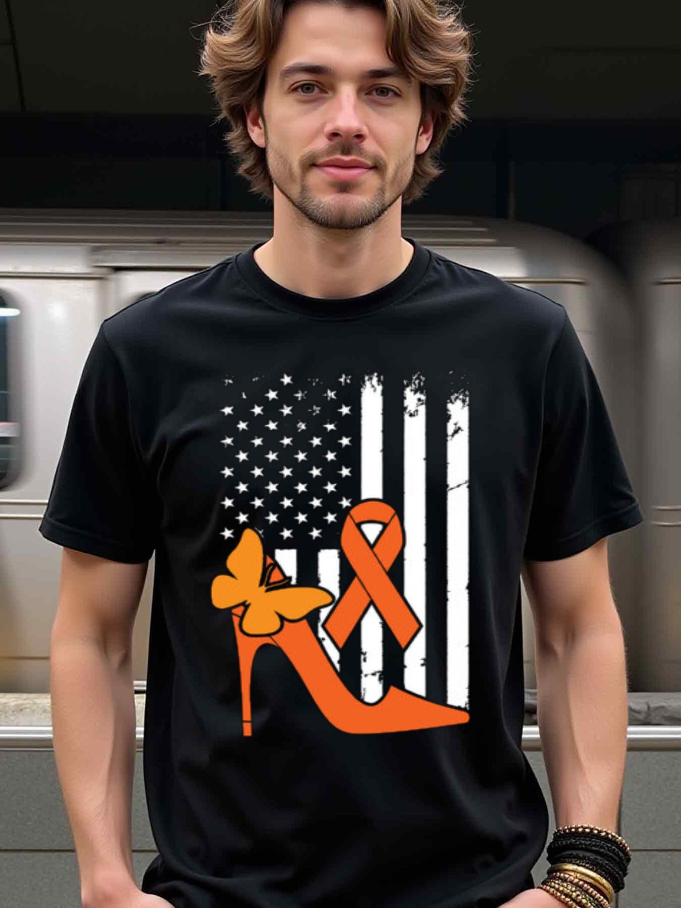 natee local warehouse clearance American Flag & Orange Ribbon Awareness T-shirt, man's T-Shirt,100% Cotton Fabric,Crew Neck,Short Sleeve,Regular Fit,All-Season Casual Wear,180gsm-Ideal For Summer Holiday Gift, 男t