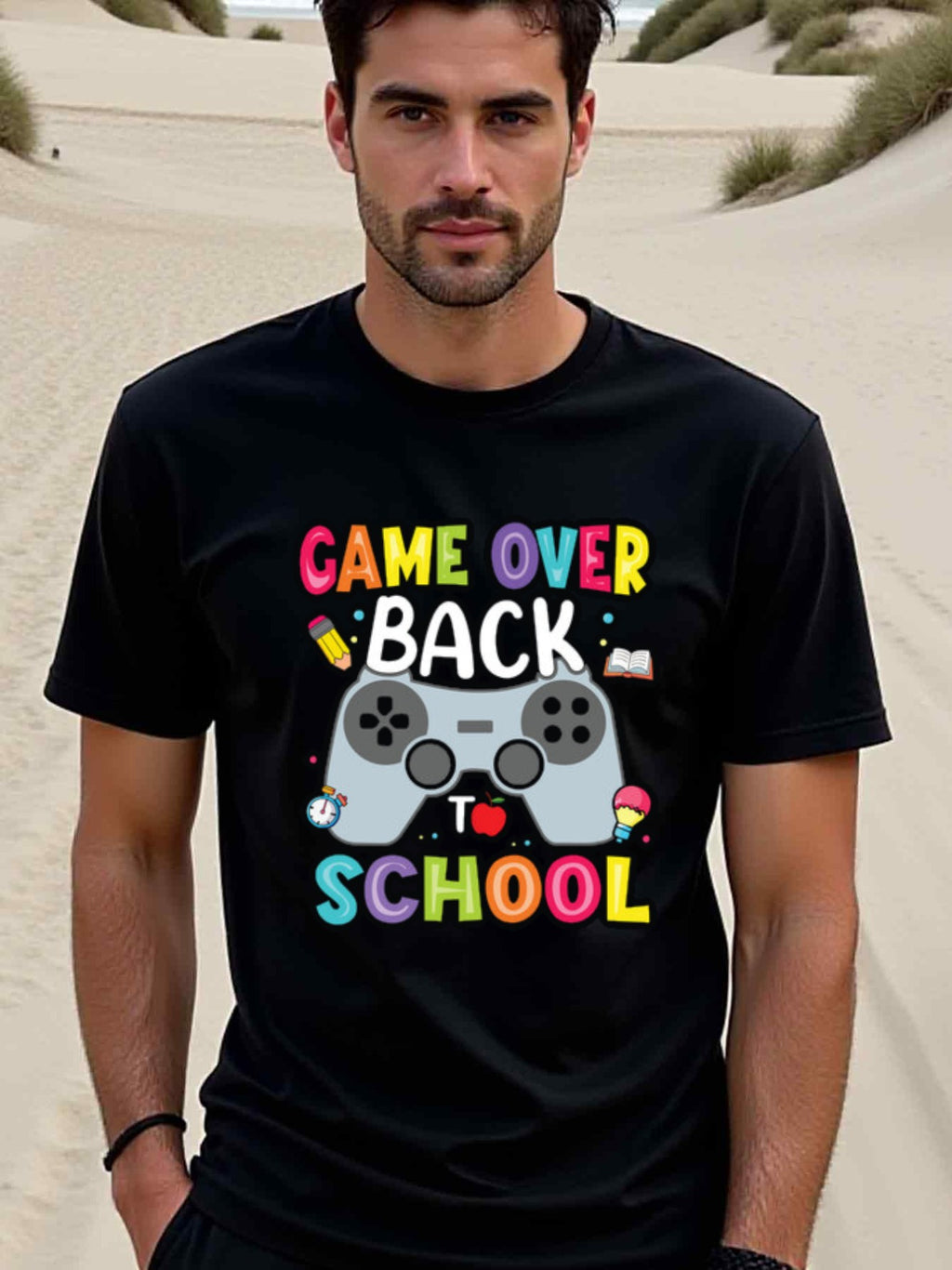 natee local warehouse clearance Back to School Gamer T-shirt: Game Over, Back to School!, 100% Cotton Fabric,Crew Neck,Regular Fit,Weekend Casual Wear,180gsm Family Friends Christian festival Thanksgiving Day, 男t