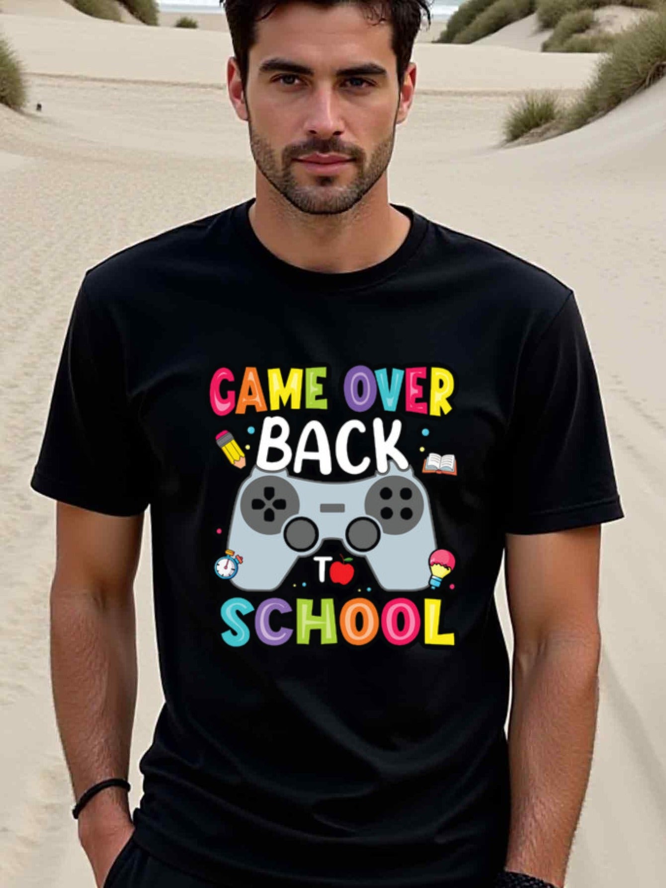 natee local warehouse clearance Back to School Gamer T-shirt: Game Over, Back to School!, 100% Cotton Fabric,Crew Neck,Regular Fit,Weekend Casual Wear,180gsm Family Friends Christian festival Thanksgiving Day, 男t