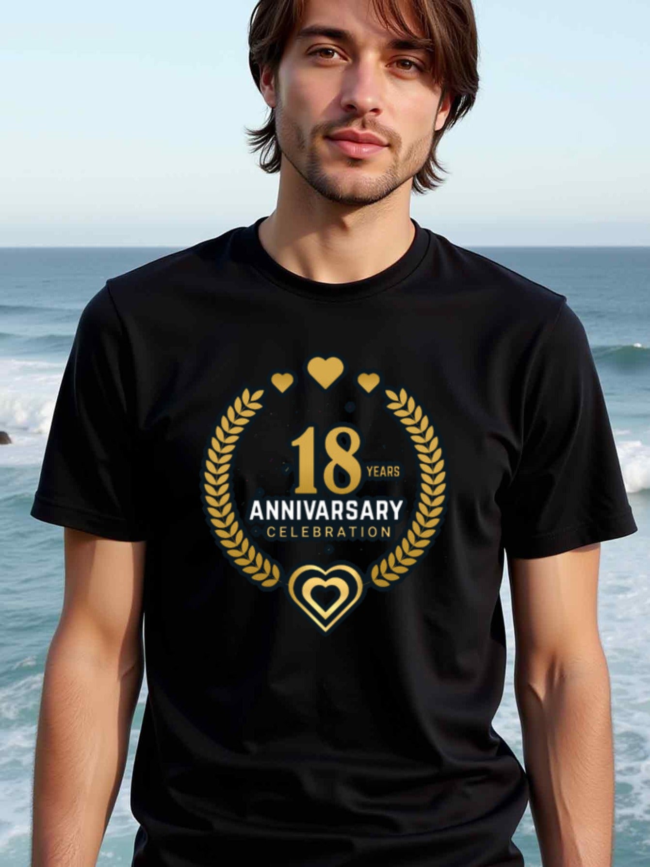 natee local warehouse clearance 18th Anniversary Celebration T-shirt - Black & Gold Hearts Design, man's T-Shirt,100% Cotton Fabric,Crew Neck,Short Sleeve,Regular Fit,All-Season Casual Wear,180gsm-Ideal for Valentines Christian festival Thanksgiving Day,