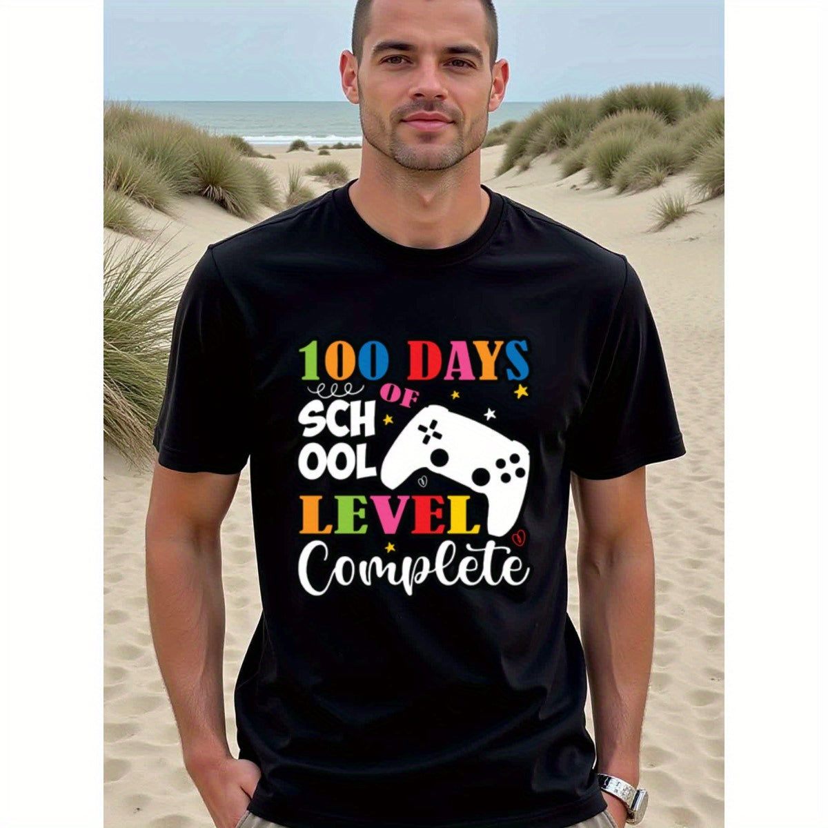 natee local warehouse clearance 100 Days of School Level Complete Gamer T-shirt, man's T-Shirt,100% Cotton Fabric,Crew Neck,Short Sleeve,Regular Fit,All-Season Casual Wear,180gsm-Ideal for Valentines Christian festival Thanksgiving Day, 男t