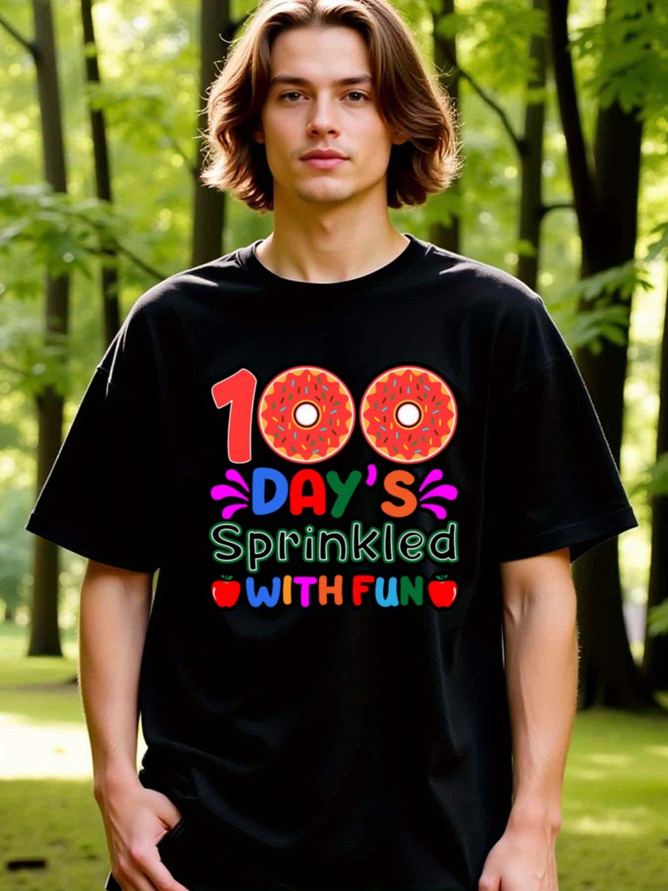 natee local warehouse clearance 100 Days Sprinkled with Fun Donut-themed T-shirt, man's T-Shirt,100% Cotton Fabric,Crew Neck,Short Sleeve,Regular Fit,All-Season Casual Wear,180gsm-Ideal For Summer Holiday Gift, 男t