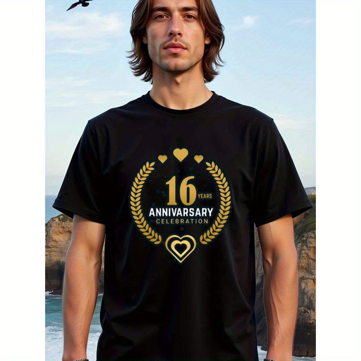 natee local warehouse clearance 16th Anniversary Celebration T-shirt - Gold Hearts & Laurels Design, 男t, 男t