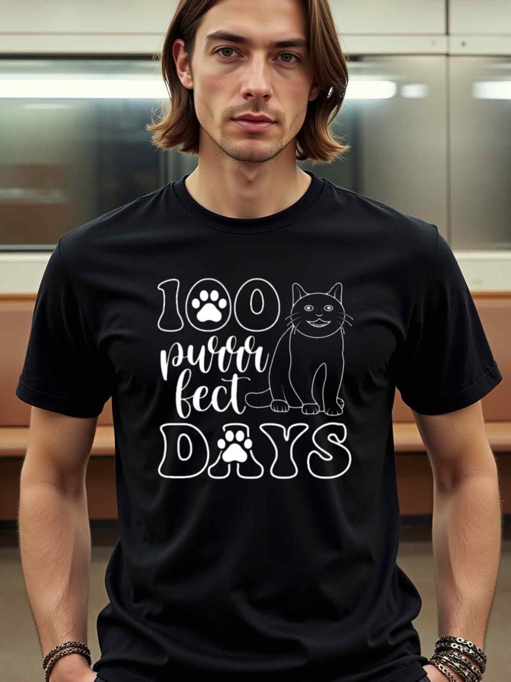 natee local warehouse clearance 100 Purrfect Days: Cat Lovers Black T-shirt, man's T-Shirt,100% Cotton Fabric,Crew Neck,Short Sleeve,Regular Fit,All-Season Casual Wear,180gsm-Ideal For Summer Holiday Gift, 男t