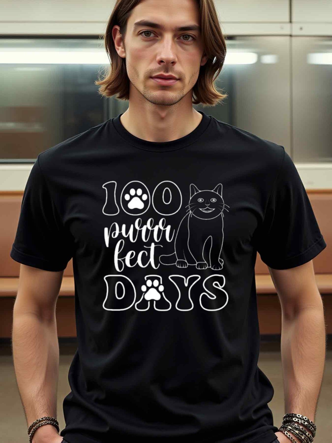 natee local warehouse clearance 100 Purrfect Days: Cat Lovers Black T-shirt, man's T-Shirt,100% Cotton Fabric,Crew Neck,Short Sleeve,Regular Fit,All-Season Casual Wear,180gsm-Ideal For Summer Holiday Gift, 男t