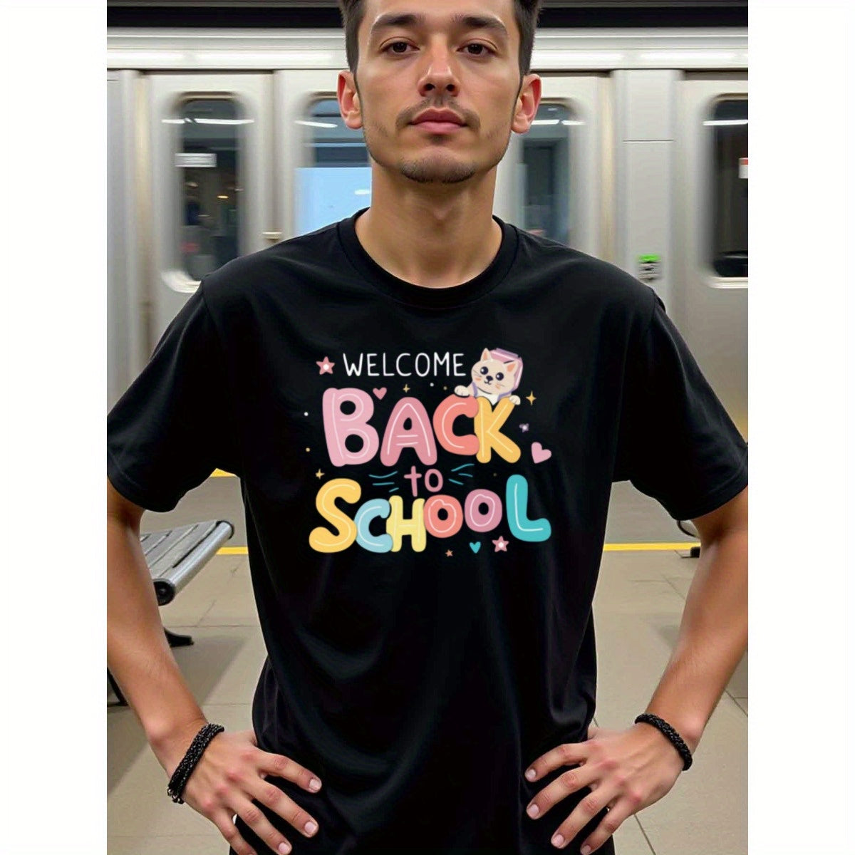 natee local warehouse clearance Back to School Welcome T-shirt with Cute Cat Design, man's T-Shirt,100% Cotton Fabric,Crew Neck,Short Sleeve,Regular Fit,All-Season Casual Wear,180gsm-Ideal For Summer Holiday Gift, 男t