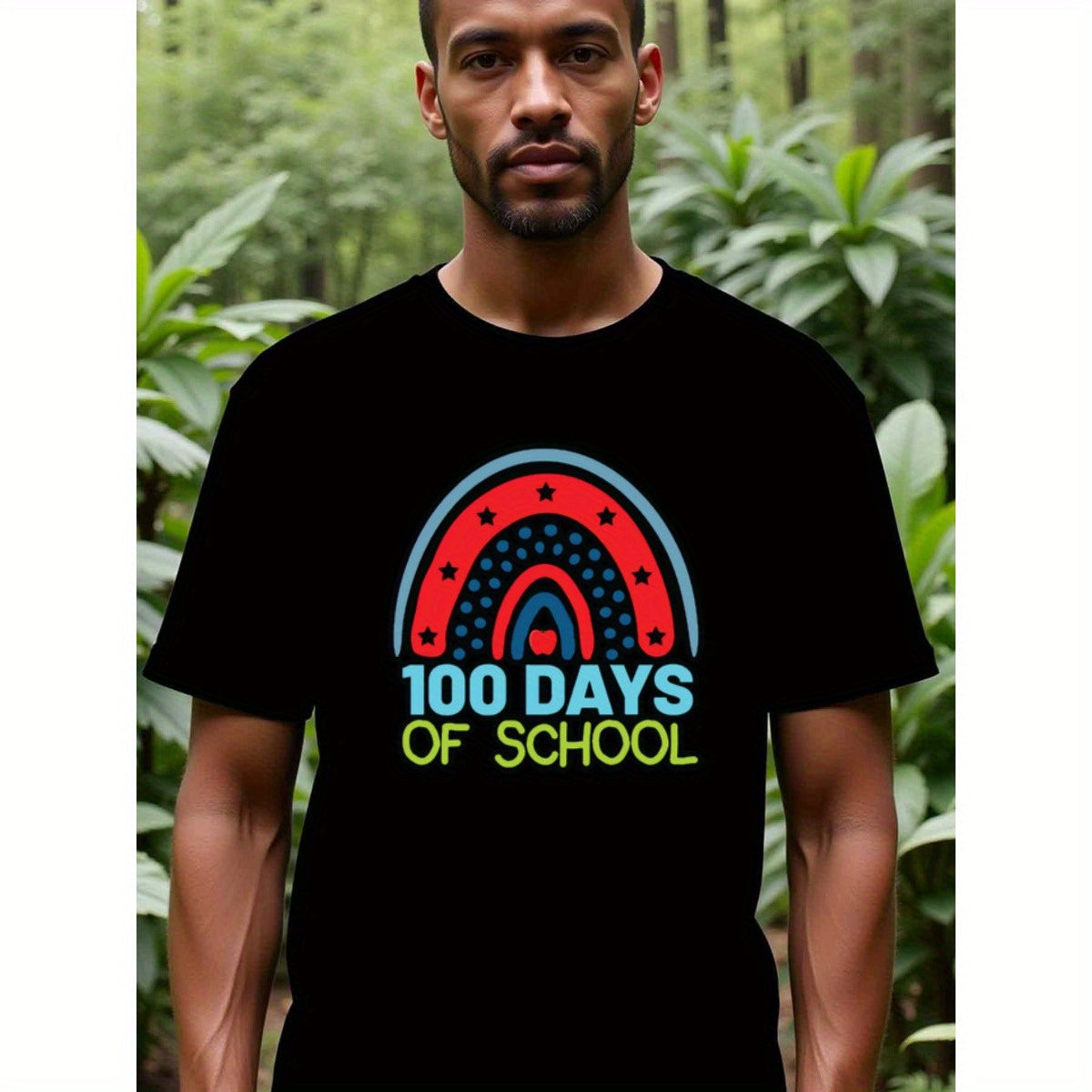 natee local warehouse clearance 100 Days of School Rainbow Stars Black T-shirt, man's T-Shirt,100% Cotton Fabric,Crew Neck,Short Sleeve,Regular Fit,All-Season Casual Wear,180gsm-Ideal for Valentines Christian festival Thanksgiving Day, 男t