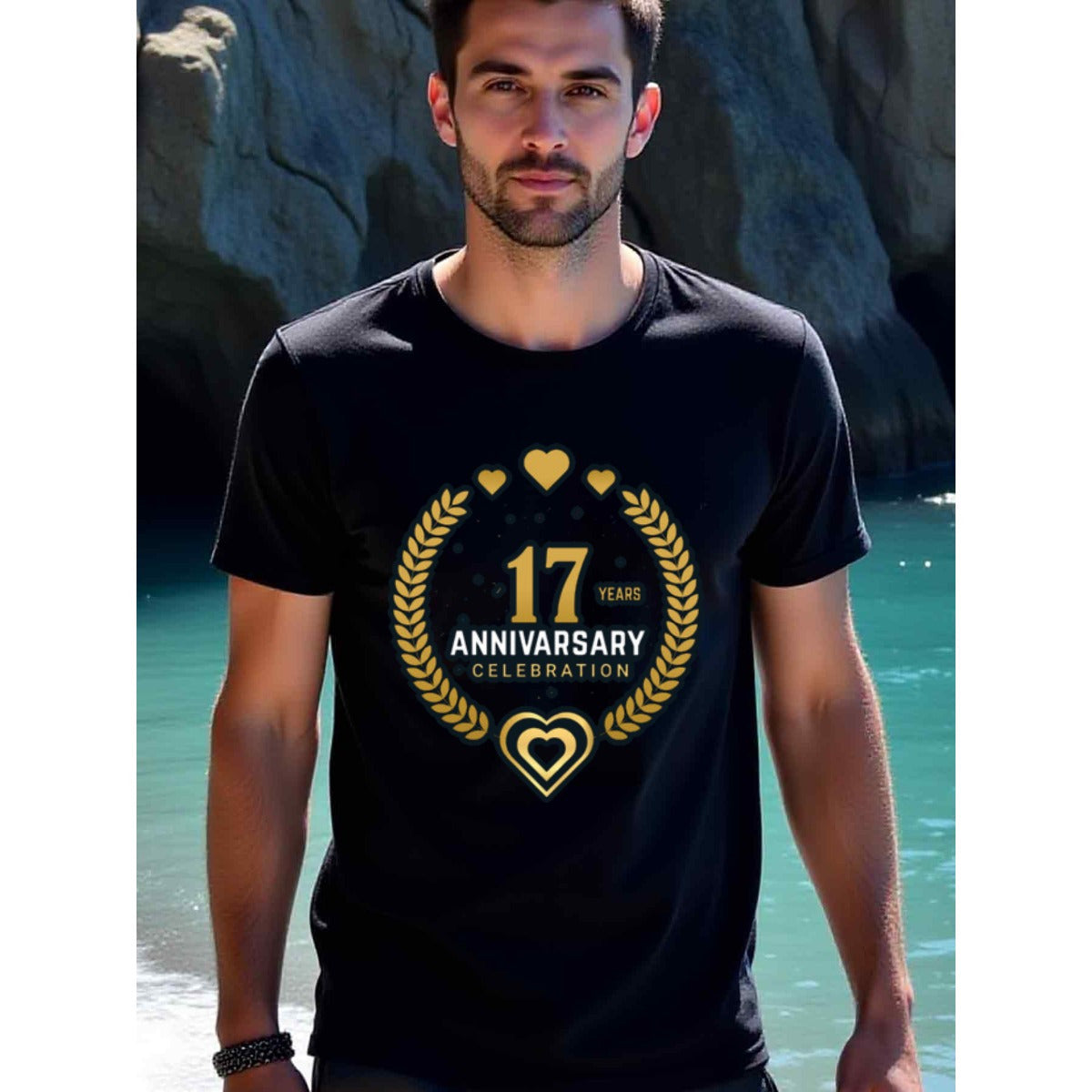 natee local warehouse clearance 17th Anniversary Celebration T-shirt - Black & Gold Hearts Design, 100% Cotton Fabric,Crew Neck,Short Sleeve,Regular Fit,All-season casual wear for man and teens-perfect for running, hiking, the beach, and parties Christian