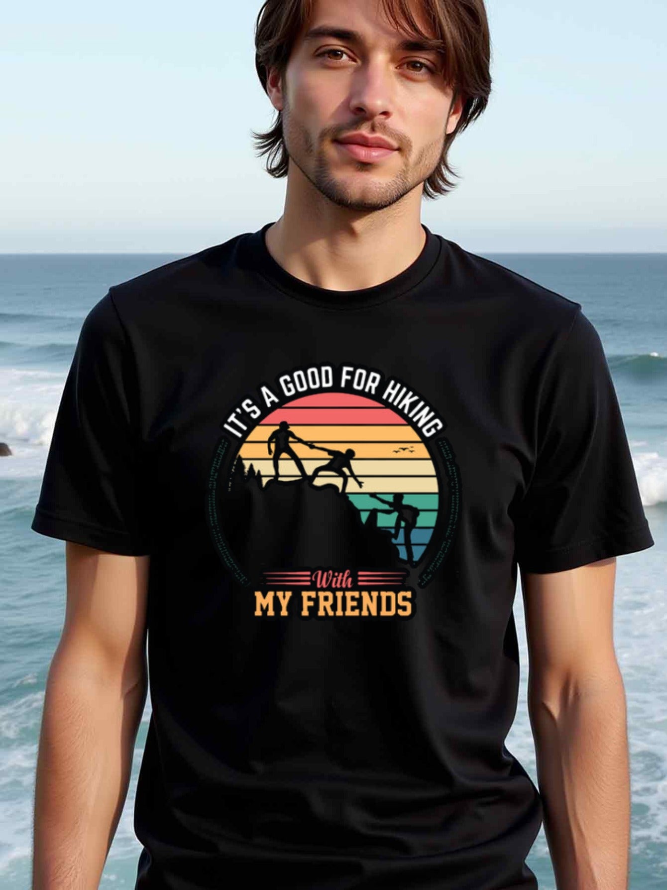 natee local warehouse clearance Adventure Awaits: Hiking with Friends Retro T-shirt, man's T-Shirt,100% Cotton Fabric,Crew Neck,Short Sleeve,Regular Fit,All-Season Casual Wear,180gsm-Ideal for Valentines Christian festival Thanksgiving Day, 男t