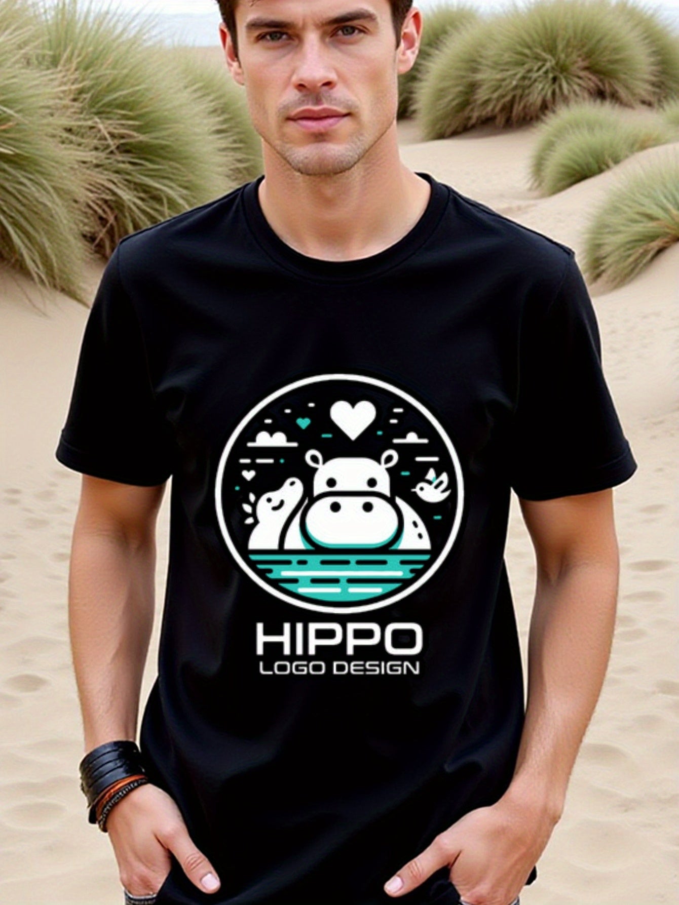 natee local warehouse clearance Adorable Hippo Logo Design Black T-shirt, man's T-Shirt,100% Cotton Fabric,Crew Neck,Short Sleeve,Regular Fit,All-Season Casual Wear,180gsm-Ideal For Summer Holiday Gift, 男t