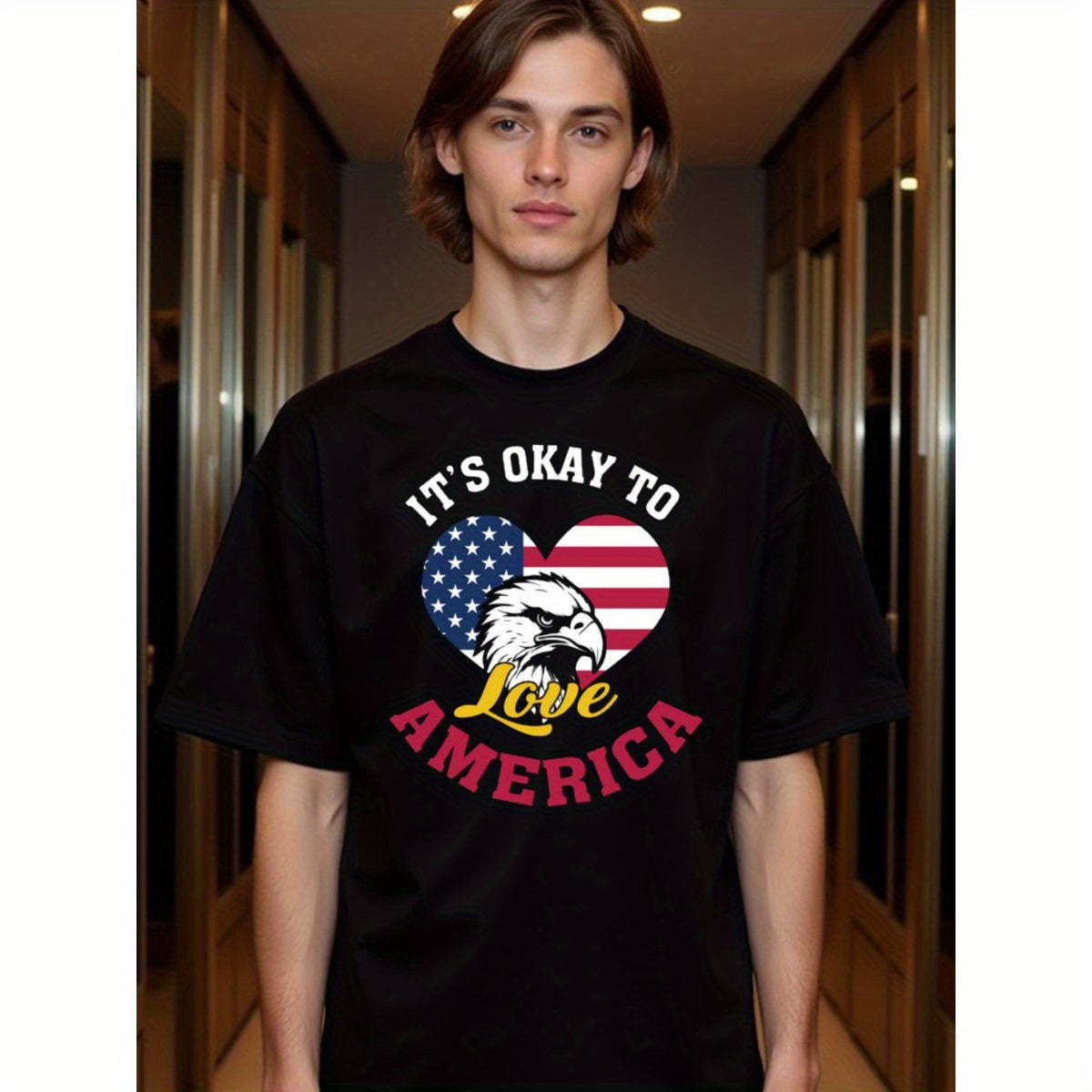 natee local warehouse clearance American Pride Eagle Heart Flag T-shirt, man's T-Shirt,100% Cotton Fabric,Crew Neck,Short Sleeve,Regular Fit,All-Season Casual Wear,180gsm-Ideal for Valentines Christian festival Thanksgiving Day,