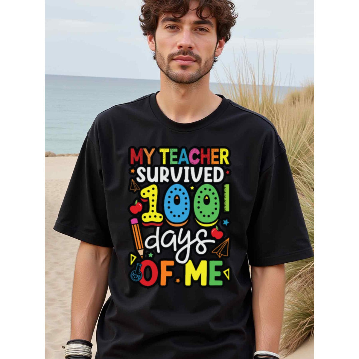 natee local warehouse clearance 100 Days of School Teacher Survival Shirt, man's T-Shirt,100% Cotton Fabric,Crew Neck,Short Sleeve,Regular Fit,All-Season Casual Wear,180gsm-Ideal For Summer Holiday Gift, 男t