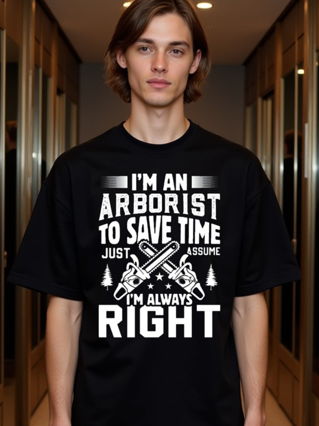 natee local warehouse clearance Arborist Humor: Assume I'm Always Right T-shirt, man's T-Shirt,100% Cotton Fabric,Crew Neck,Short Sleeve,Regular Fit,All-Season Casual Wear,180gsm-Ideal for Valentines Christian festival Thanksgiving Day,