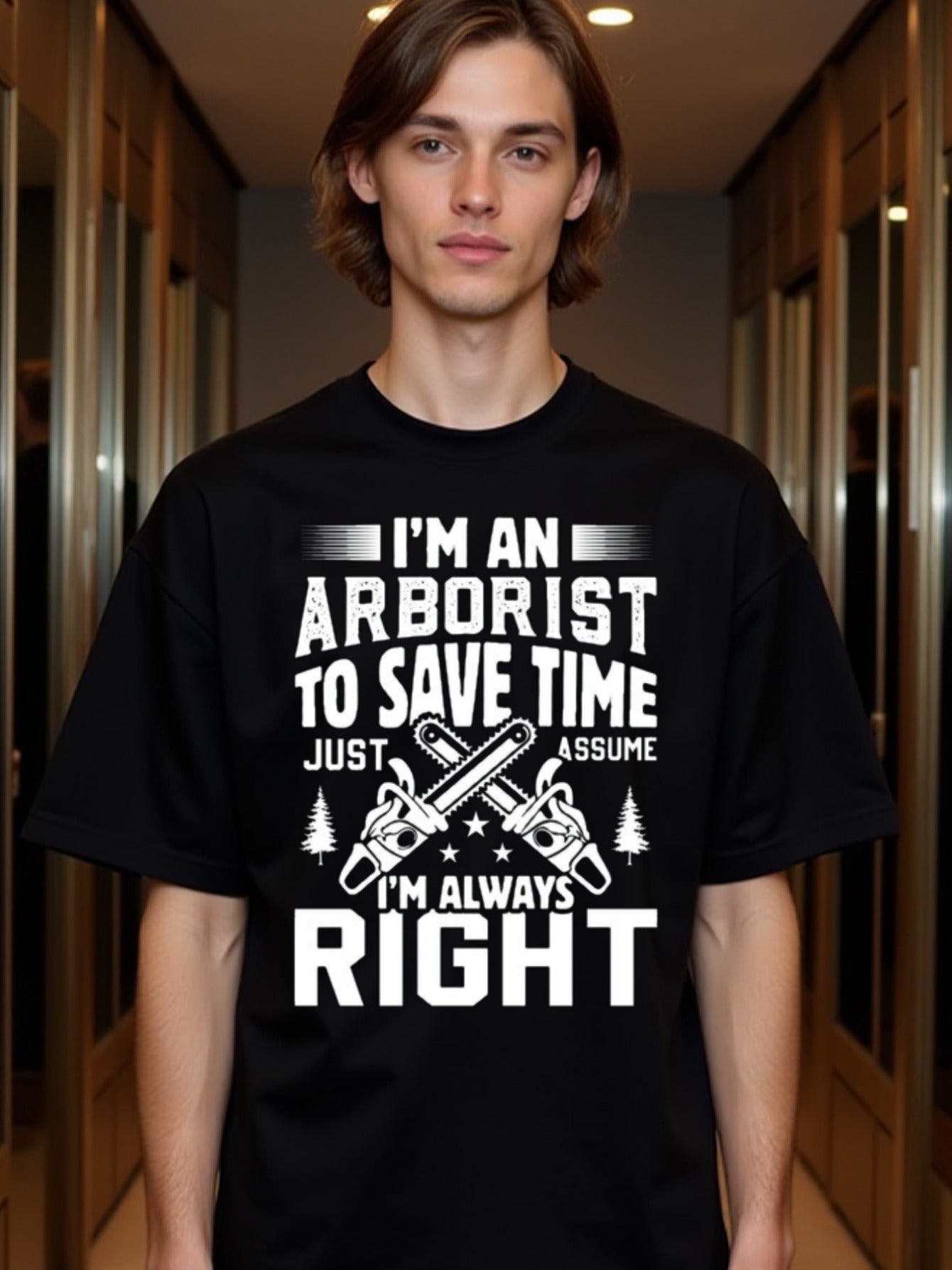 natee local warehouse clearance Arborist Humor: Assume I'm Always Right T-shirt, man's T-Shirt,100% Cotton Fabric,Crew Neck,Short Sleeve,Regular Fit,All-Season Casual Wear,180gsm-Ideal for Valentines Christian festival Thanksgiving Day,