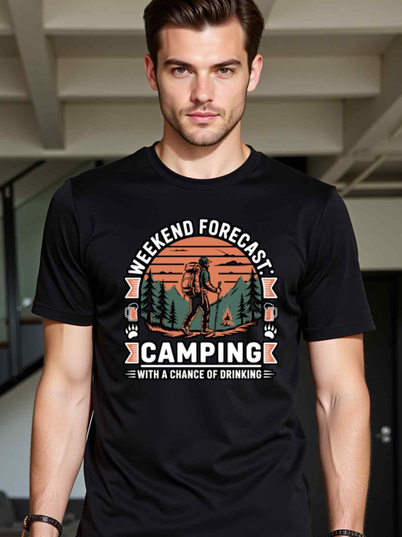 natee local warehouse clearance Adventure Awaits: Weekend Forecast Camping T-shirt, 100% Cotton Fabric,Crew Neck,Regular Fit,Weekend Casual Wear,180gsm Family Friends Christian festival Thanksgiving Day, 男t