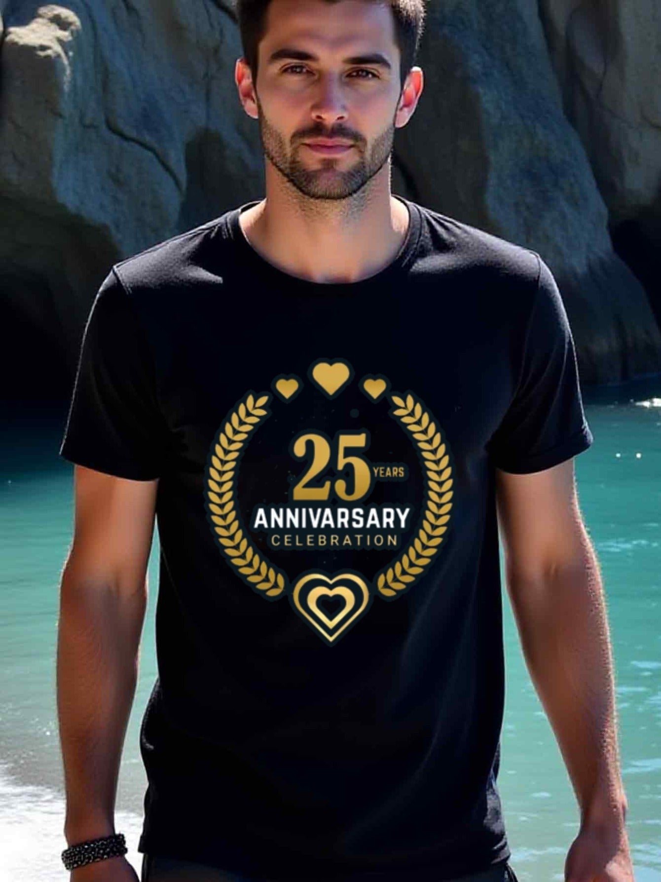 natee local warehouse clearance 25th Anniversary Celebration Black T-shirt, man's T-Shirt,100% Cotton Fabric,Crew Neck,Short Sleeve,Regular Fit,All-Season Casual Wear,180gsm-Ideal for Valentines Christian festival Thanksgiving Day, 男t
