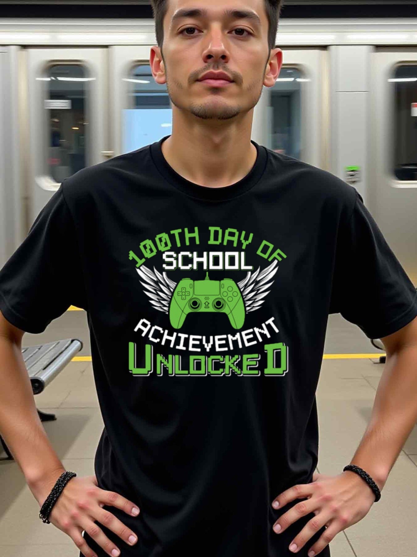 natee local warehouse clearance 100th Day of School Achievement Unlocked Gamer T-shirt, man's T-Shirt,100% Cotton Fabric,Crew Neck,Short Sleeve,Regular Fit,All-Season Casual Wear,180gsm-Ideal for Valentines Christian festival Thanksgiving Day, 男t