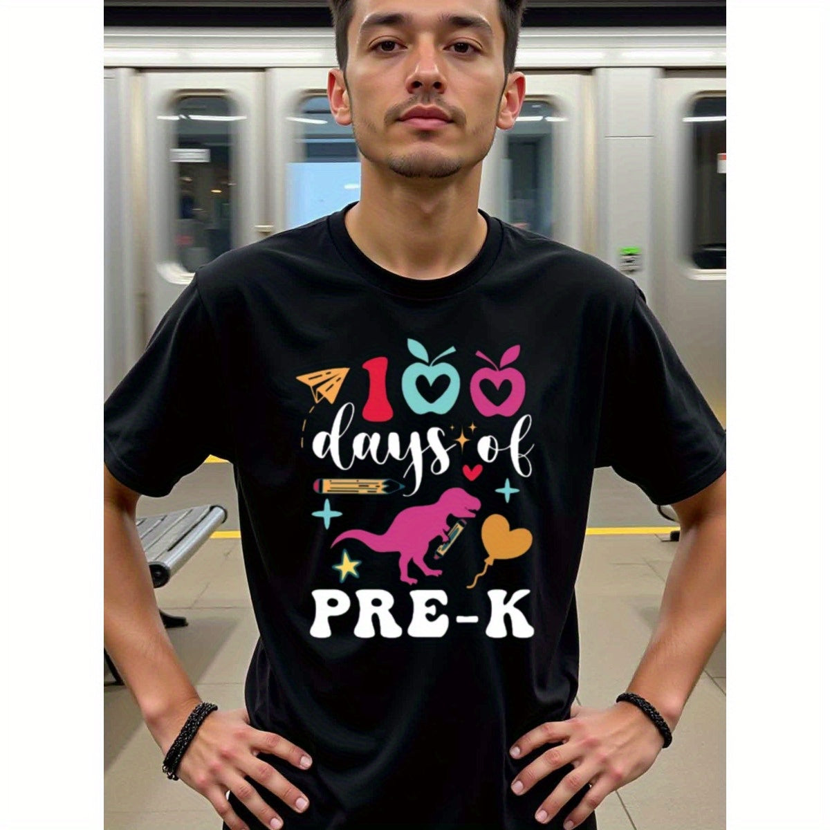 natee local warehouse clearance 100 Days of Pre-k Dinosaur Shirt for Kids, man's T-Shirt,100% Cotton Fabric,Crew Neck,Short Sleeve,Regular Fit,All-Season Casual Wear,180gsm-Ideal For Summer Holiday Gift, 男t