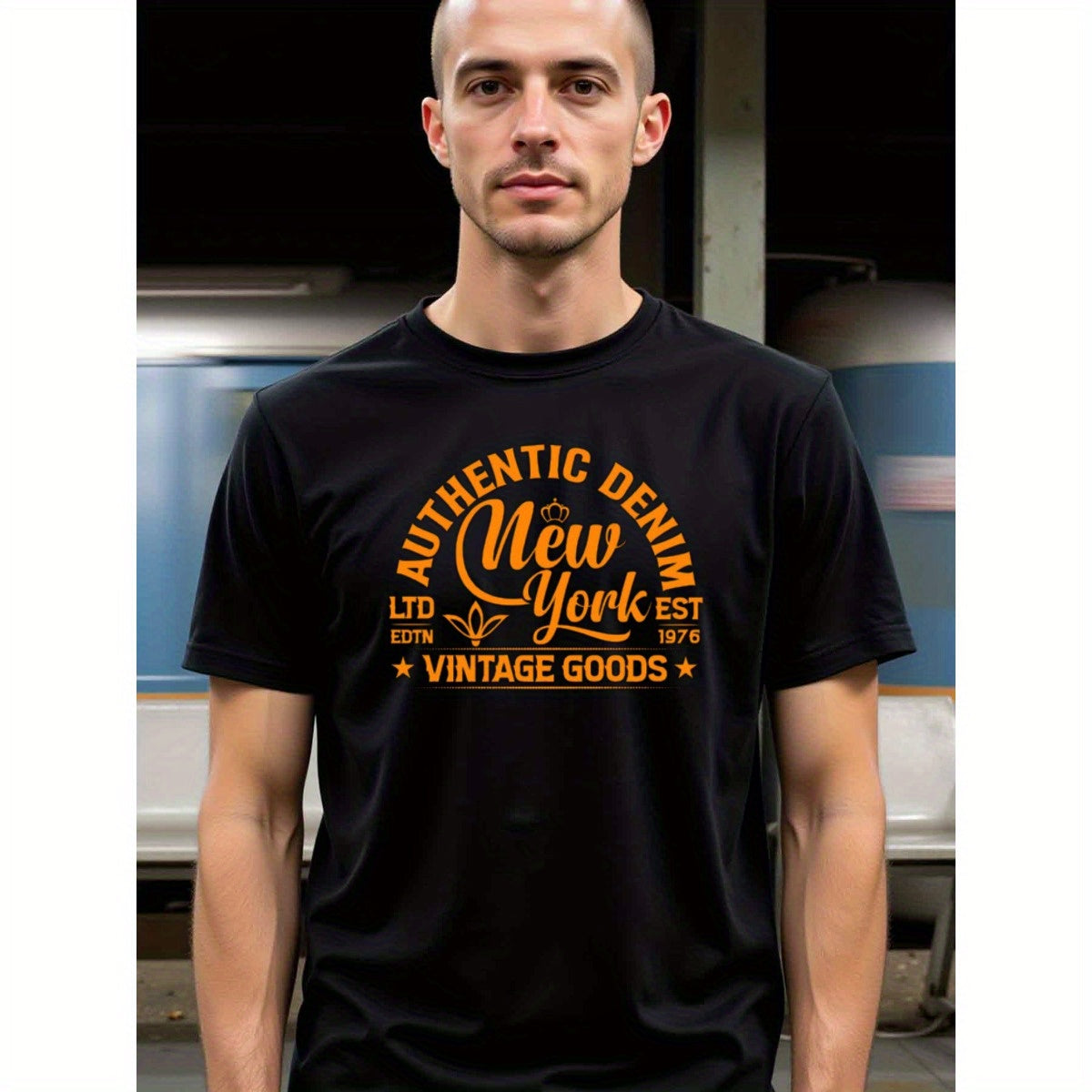 natee local warehouse clearance Authentic Denim New York Est. 1976 Vintage Goods Limited Edition T-shirt, man's T-Shirt,100% Cotton Fabric,Crew Neck,Short Sleeve,Regular Fit,All-Season Casual Wear,180gsm-Ideal for Valentines Christian festival Thanksgivin
