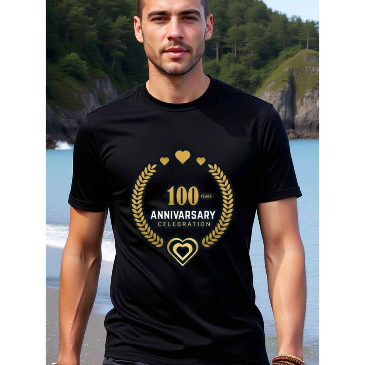 natee local warehouse clearance 100 Years Anniversary Celebration Black T-shirt, man's T-Shirt,100% Cotton Fabric,Crew Neck,Short Sleeve,Regular Fit,All-Season Casual Wear,180gsm-Ideal for Valentines Christian festival Thanksgiving Day, 男t