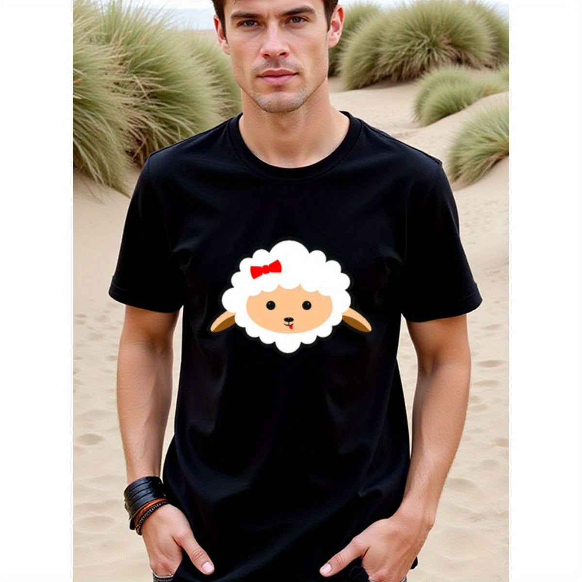natee local warehouse clearance Adorable Sheep Graphic Tee - Fun and Casual Wear, 100% Cotton Fabric,Crew Neck,Regular Fit,Weekend Casual Wear,180gsm Family Friends Christian festival Thanksgiving Day, 男t
