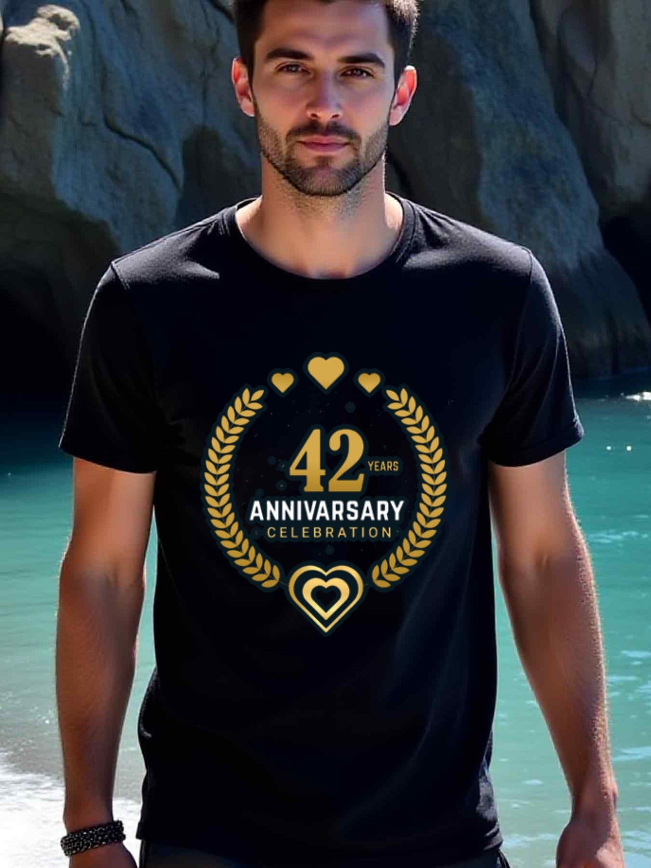natee local warehouse clearance 42nd Anniversary Celebration T-shirt - Gold Hearts & Laurels Design, 100% Cotton Fabric,Crew Neck,Short Sleeve,Regular Fit,All-season casual wear for man and teens-perfect for running, hiking, the beach, and parties Christi