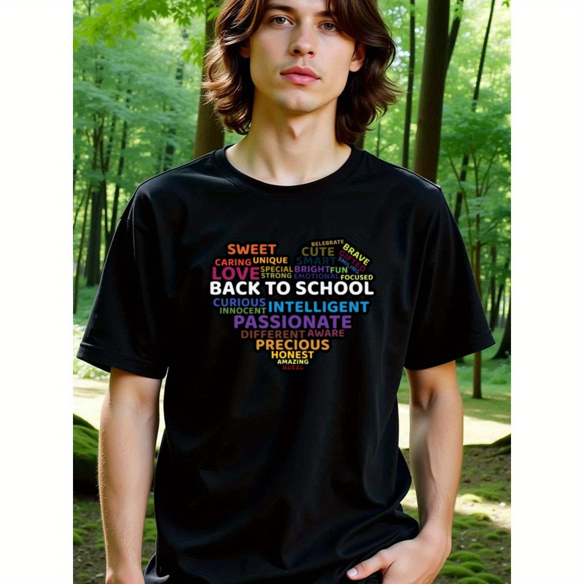 natee local warehouse clearance Back to School Positive Words Black T-shirt, 100% Cotton Fabric,Crew Neck,Regular Fit,Weekend Casual Wear,180gsm Family Friends Christian festival Thanksgiving Day, 男t