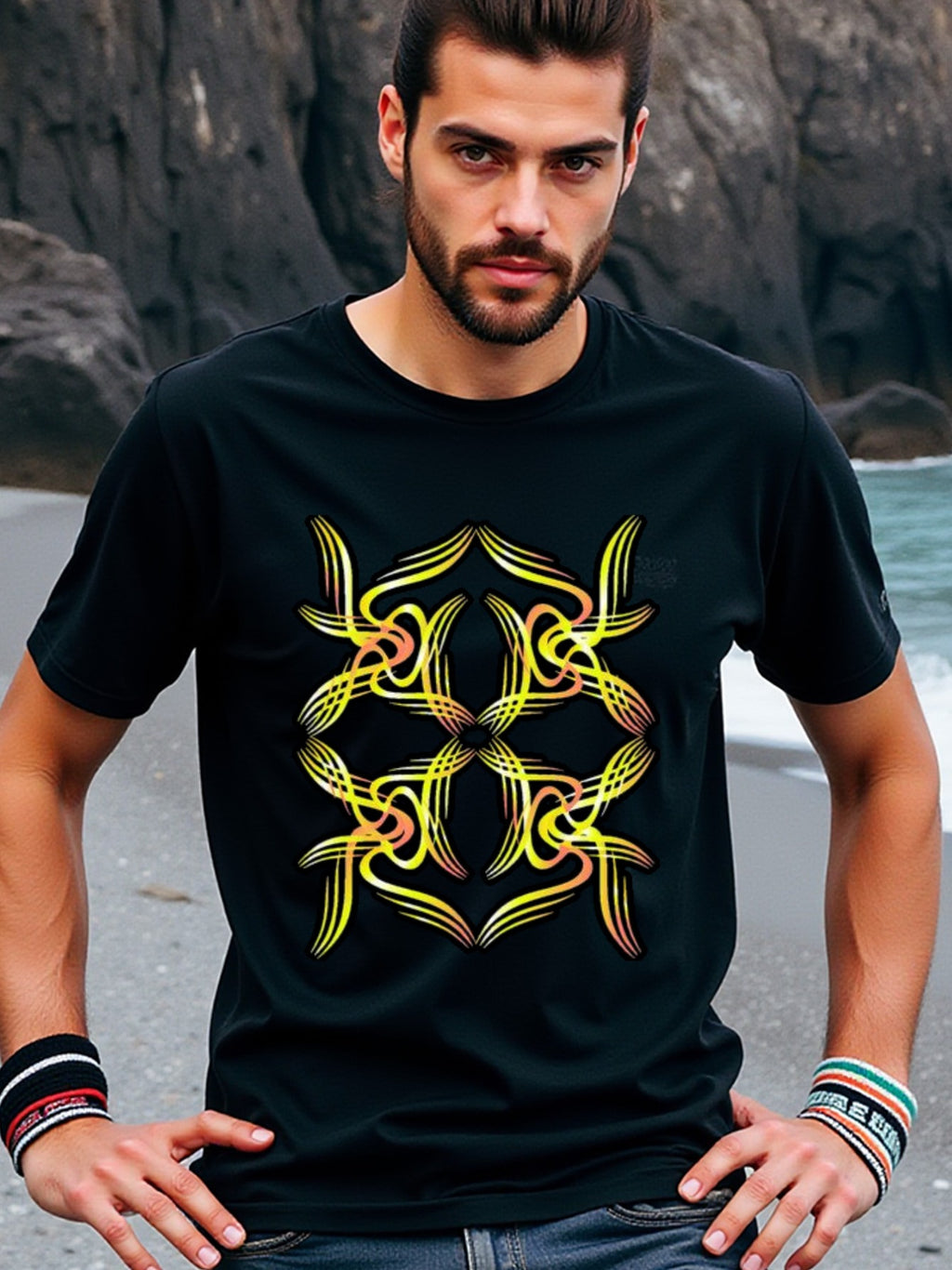 natee local warehouse clearance Abstract Geometric Artwork Black T-shirt, 男t, 男t