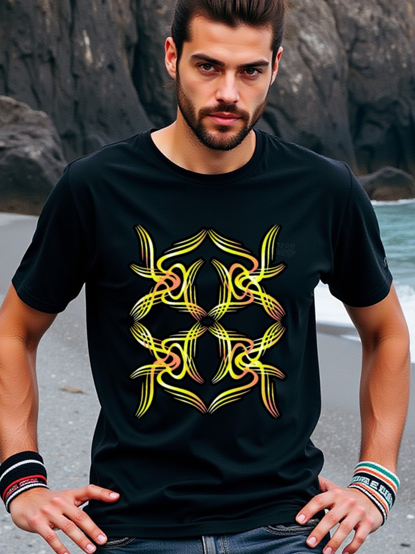 natee local warehouse clearance Abstract Geometric Artwork Black T-shirt, 男t, 男t