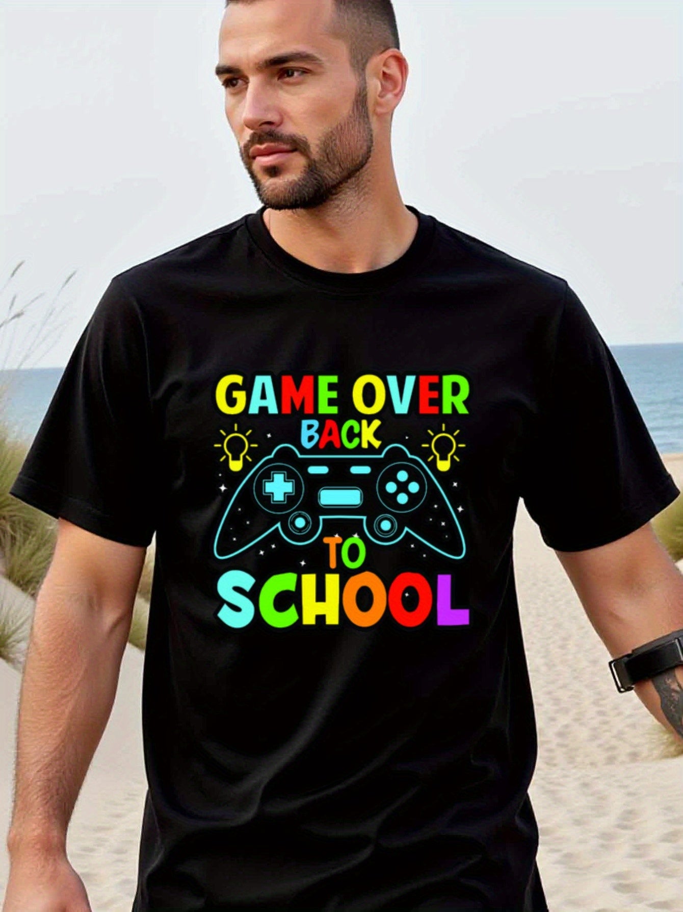 natee local warehouse clearance Back to School Gamer T-shirt: Game Over, Back to School, man's T-Shirt,100% Cotton Fabric,Crew Neck,Short Sleeve,Regular Fit,All-Season Casual Wear,180gsm-Ideal For Summer Holiday Gift, 男t