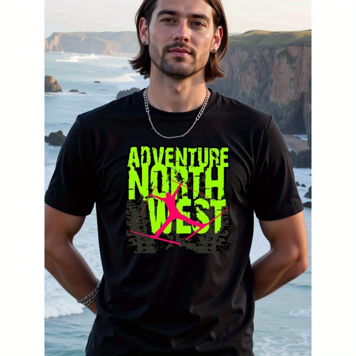 natee local warehouse clearance Adventure North West: Explore the Wild Side, man's T-Shirt,100% Cotton Fabric,Crew Neck,Short Sleeve,Regular Fit,All-Season Casual Wear,180gsm-Ideal for Valentines Christian festival Thanksgiving Day, 男t