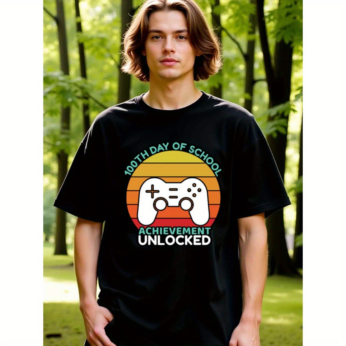 natee local warehouse clearance 100th Day of School: Achievement Unlocked Gamer T-shirt, man's T-Shirt,100% Cotton Fabric,Crew Neck,Short Sleeve,Regular Fit,All-Season Casual Wear,180gsm-Ideal for Valentines Christian festival Thanksgiving Day, 男t