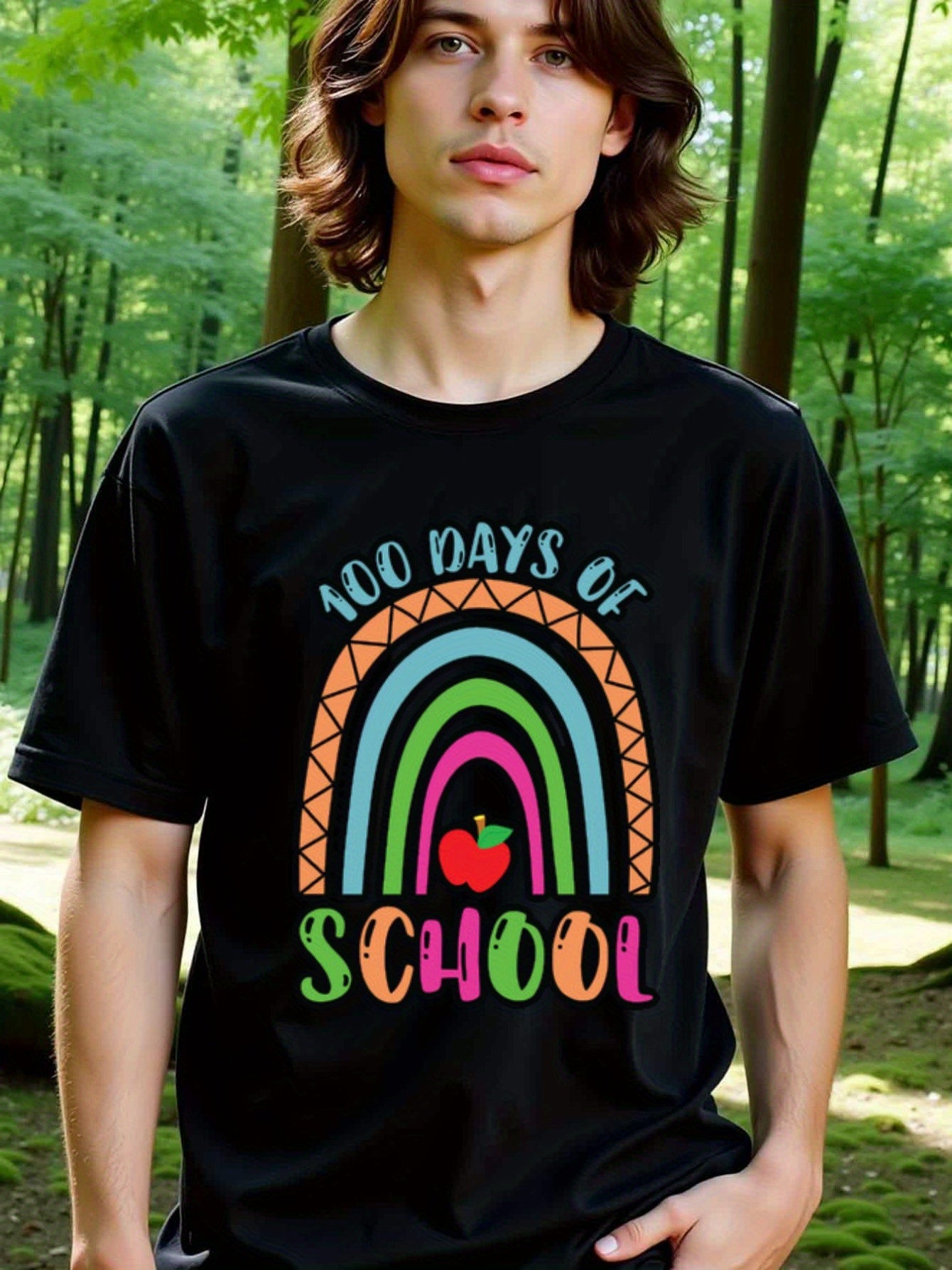 natee local warehouse clearance 100 Days of School Rainbow Apple Black T-shirt, 男t