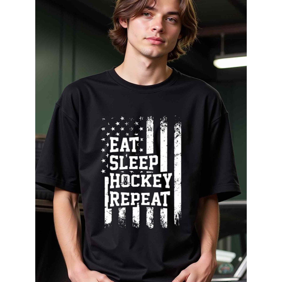 natee local warehouse clearance American Flag Eat Sleep Hockey Repeat T-shirt, 100% Cotton Fabric,Crew Neck,Regular Fit,Weekend Casual Wear,180gsm Family Friends Christian festival Thanksgiving Day, 男t