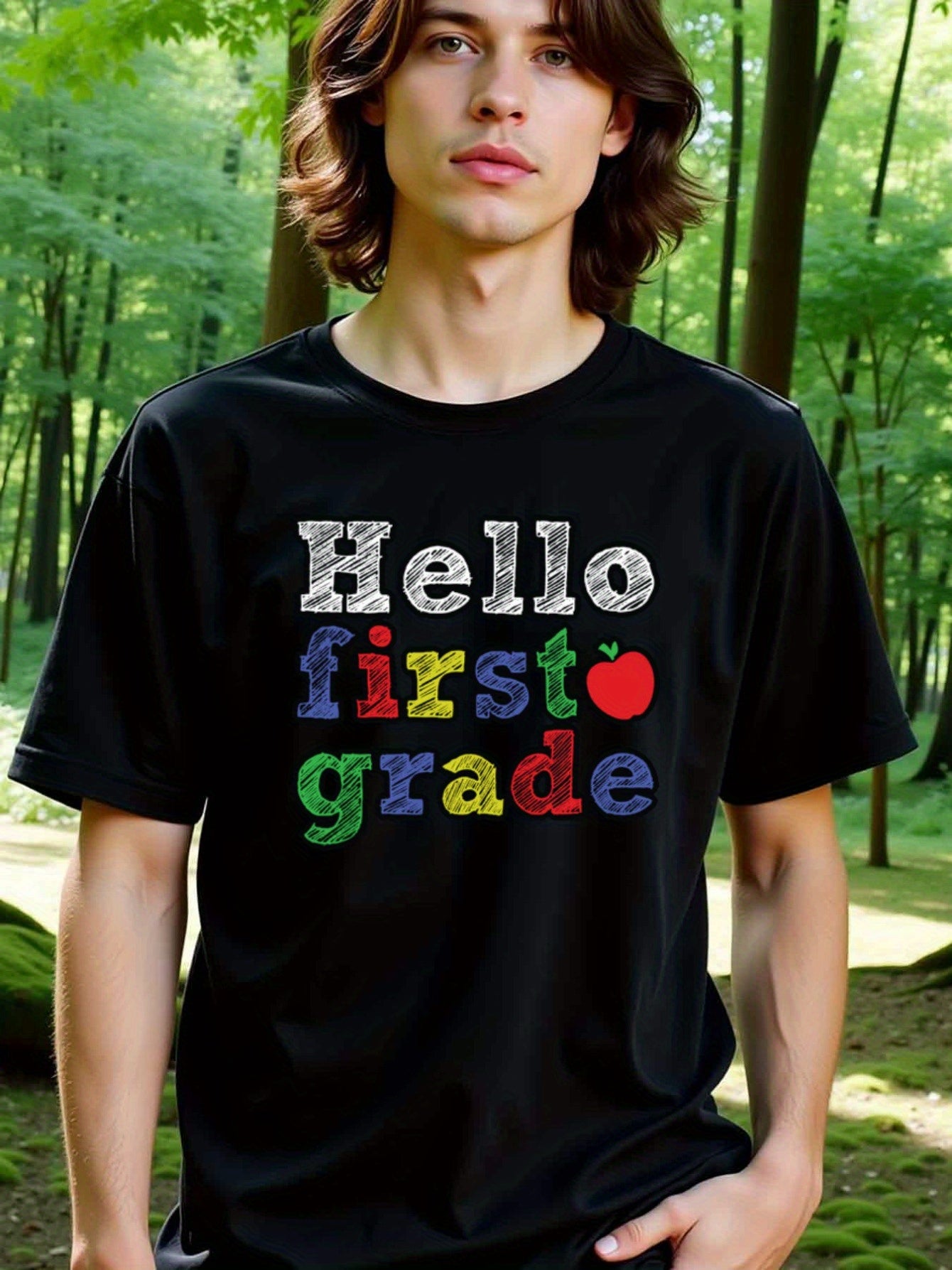 natee local warehouse clearance Back to School Hello First Grade T-shirt, 100% Cotton Fabric,Crew Neck,Regular Fit,Weekend Casual Wear,180gsm Family Friends Christian festival Thanksgiving Day, 男t