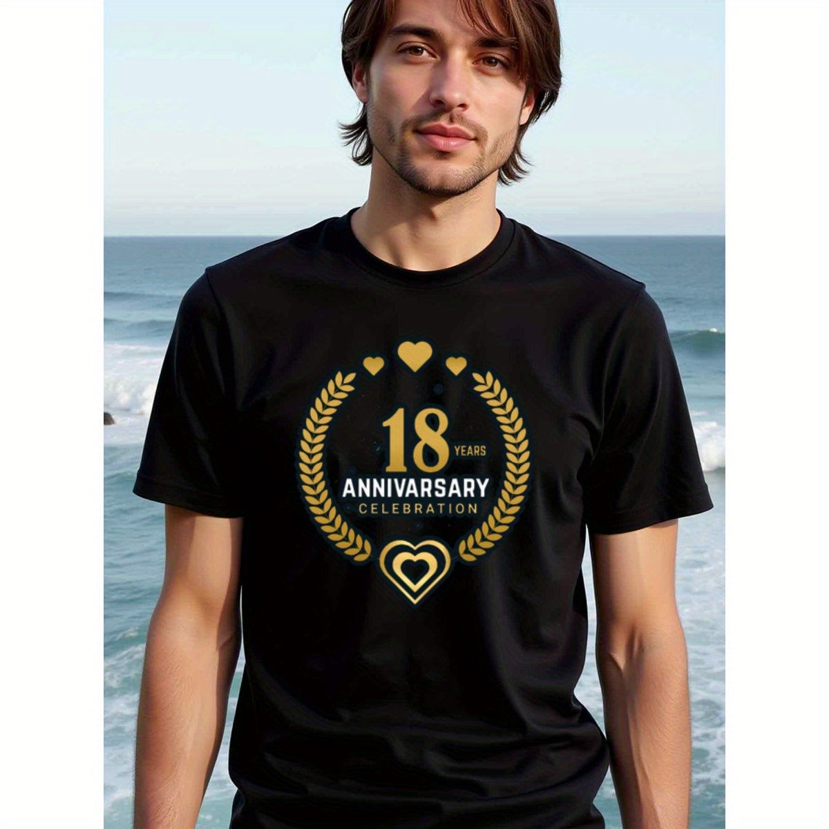 natee local warehouse clearance 18th Anniversary Celebration T-shirt - Black & Gold Hearts Design, man's T-Shirt,100% Cotton Fabric,Crew Neck,Short Sleeve,Regular Fit,All-Season Casual Wear,180gsm-Ideal for Valentines Christian festival Thanksgiving Day,