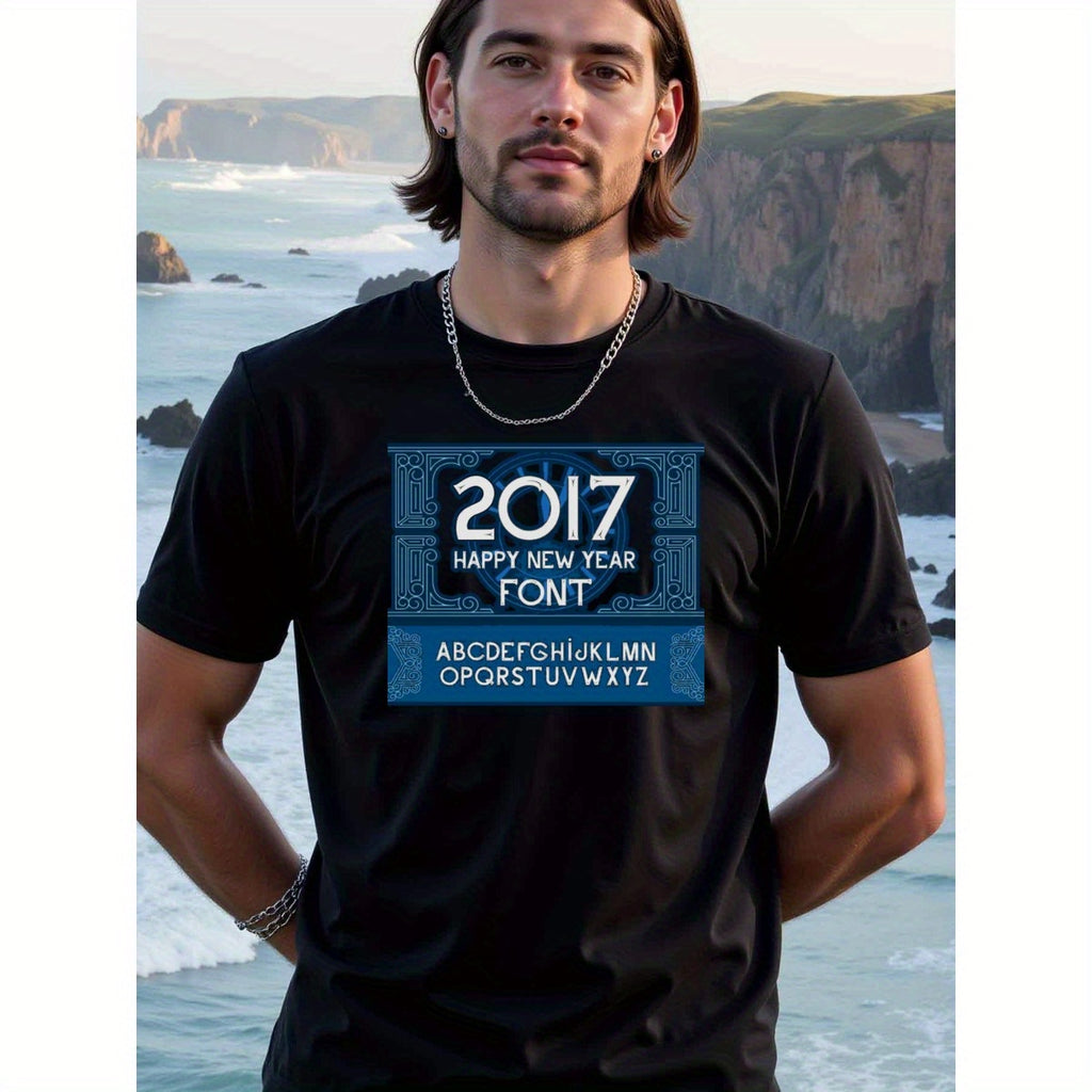 natee local warehouse clearance 2017 Happy New Year Font T-shirt - Stylish Typography Design, man's T-Shirt,100% Cotton Fabric,Crew Neck,Short Sleeve,Regular Fit,All-Season Casual Wear,180gsm-Ideal for All Saints' Day Thanksgiving Day, 男t