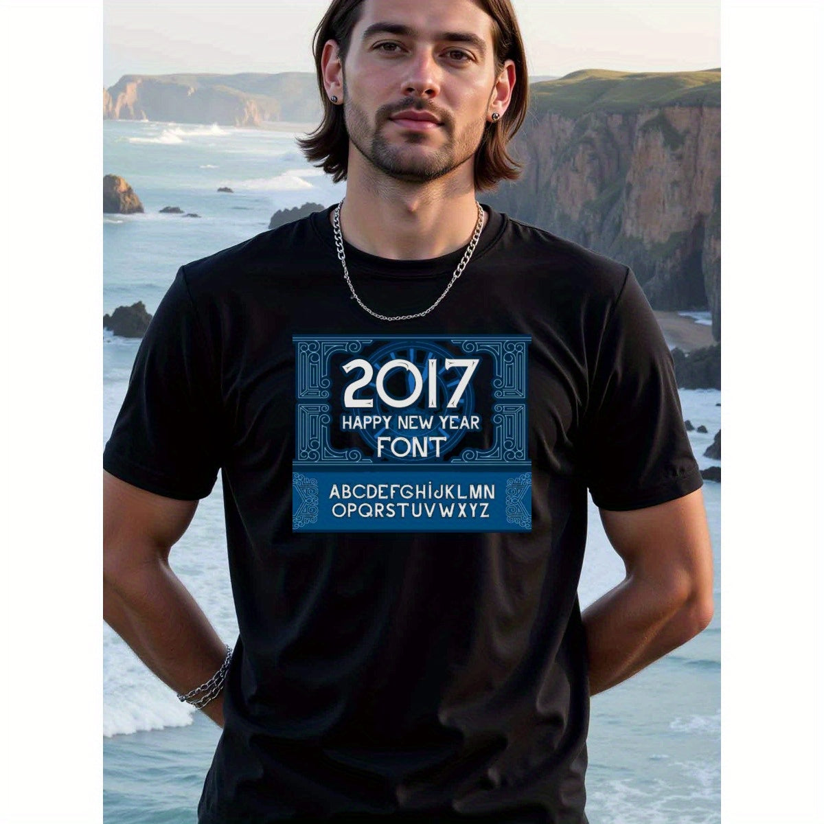natee local warehouse clearance 2017 Happy New Year Font T-shirt - Stylish Typography Design, man's T-Shirt,100% Cotton Fabric,Crew Neck,Short Sleeve,Regular Fit,All-Season Casual Wear,180gsm-Ideal for All Saints' Day Thanksgiving Day, 男t