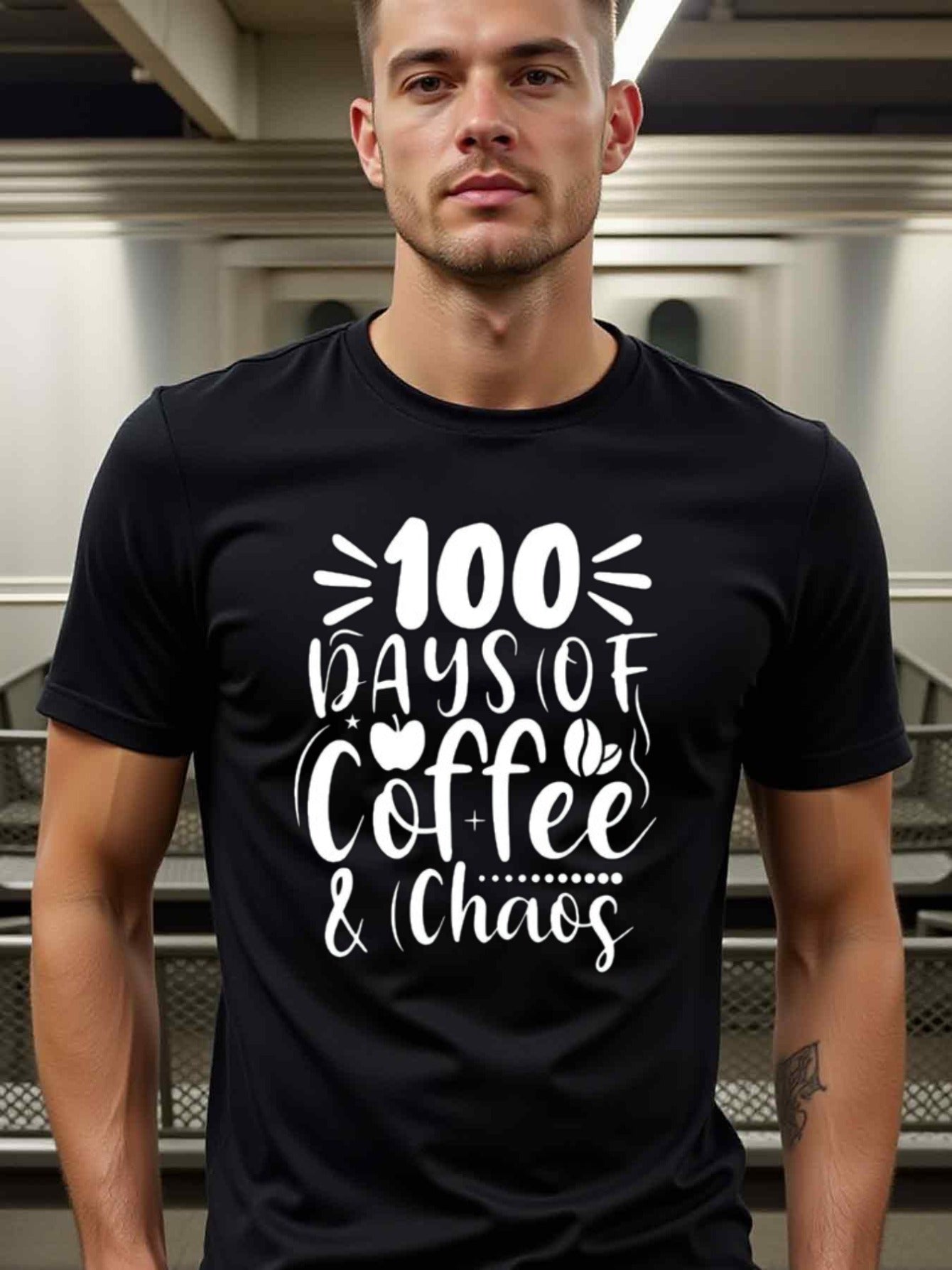 natee local warehouse clearance 100 Days of Coffee & Chaos - Funny Coffee Lovers T-shirt, 100% Cotton Fabric,Crew Neck,Short Sleeve,Regular Fit,All-season casual wear for man and teens-perfect for running, hiking, the beach, and parties Christian festival
