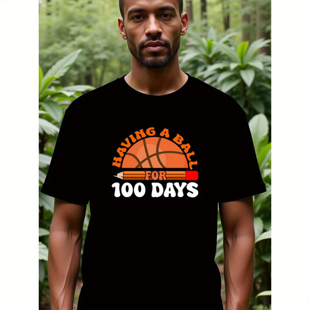 natee local warehouse clearance 100 Days of Fun Basketball Themed T-shirt, man's T-Shirt,100% Cotton Fabric,Crew Neck,Short Sleeve,Regular Fit,All-Season Casual Wear,180gsm-Ideal For Summer Holiday Gift, 男t